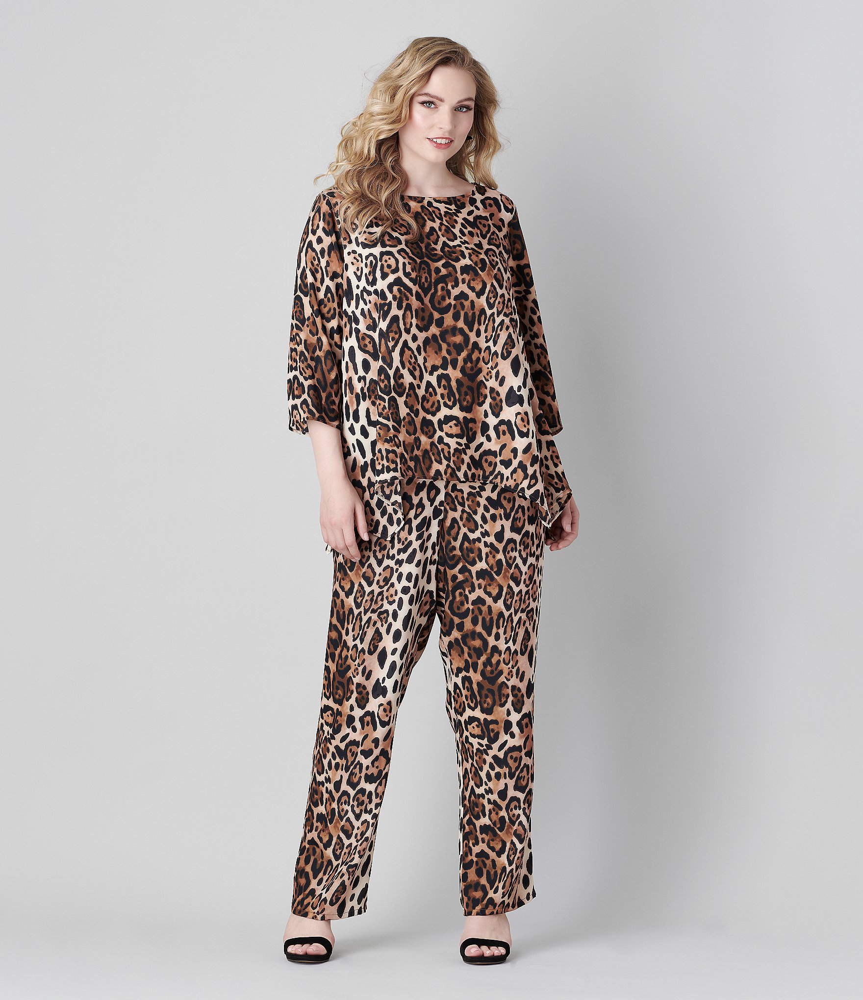 Caroline Rose Plus Coordinating Leopard Print Matte Crepe Flat Front Pull-On Straight Leg Pants