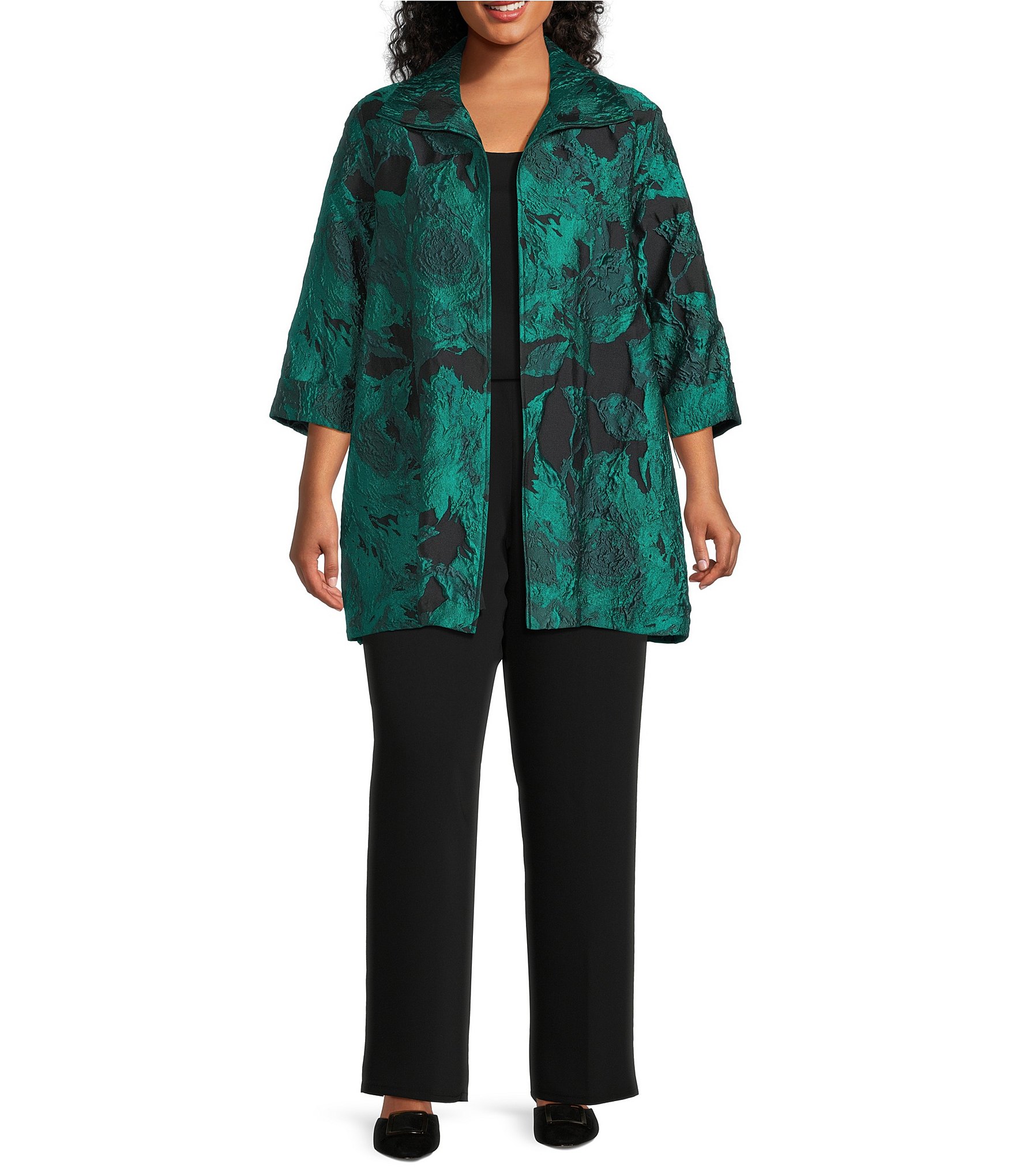 Caroline Rose Plus Floral Pattern Cloque Jacquard Spread Collar 3/4 Sleeve Open-Front Statement Jacket