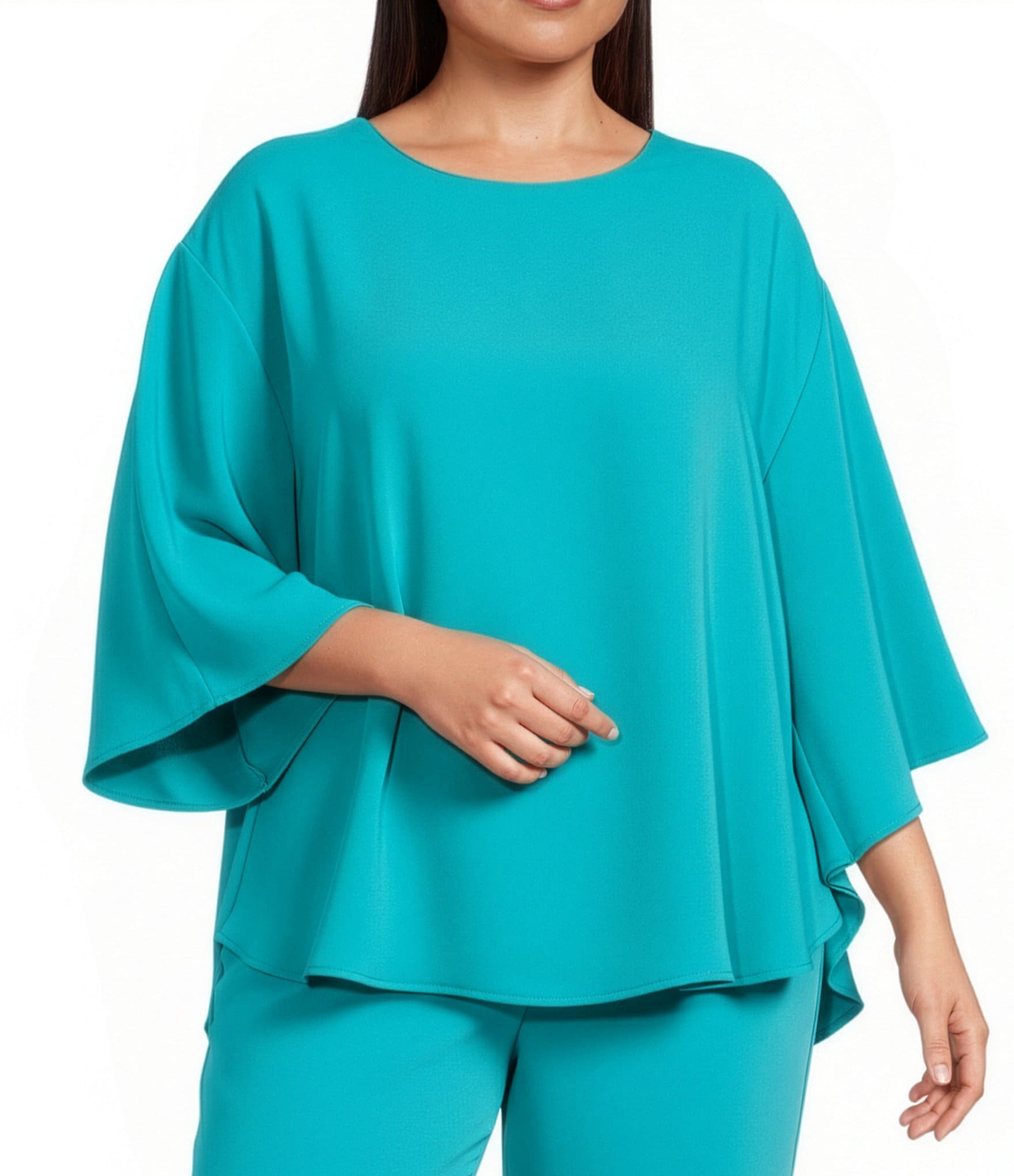 Caroline Rose Plus Matte Crepe Scoop Neck 3/4 Dolman Sleeve Crescent Caftan Top