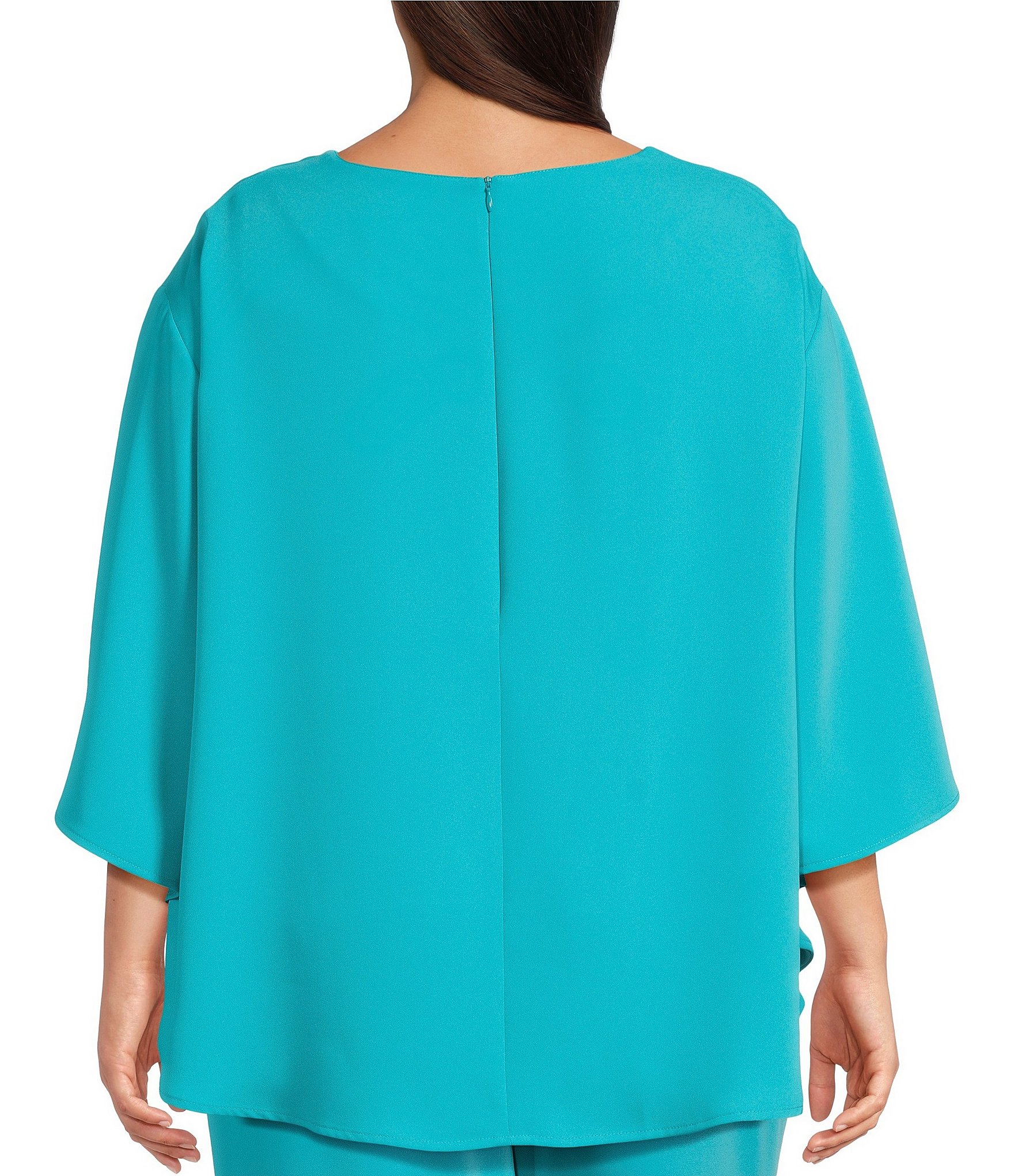 Caroline Rose Plus Matte Crepe Scoop Neck 3/4 Dolman Sleeve Crescent Caftan Top