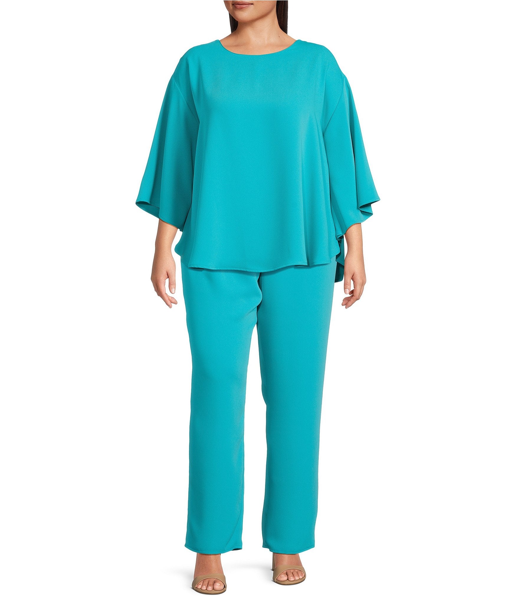 Caroline Rose Plus Matte Crepe Scoop Neck 3/4 Dolman Sleeve Crescent Caftan Top