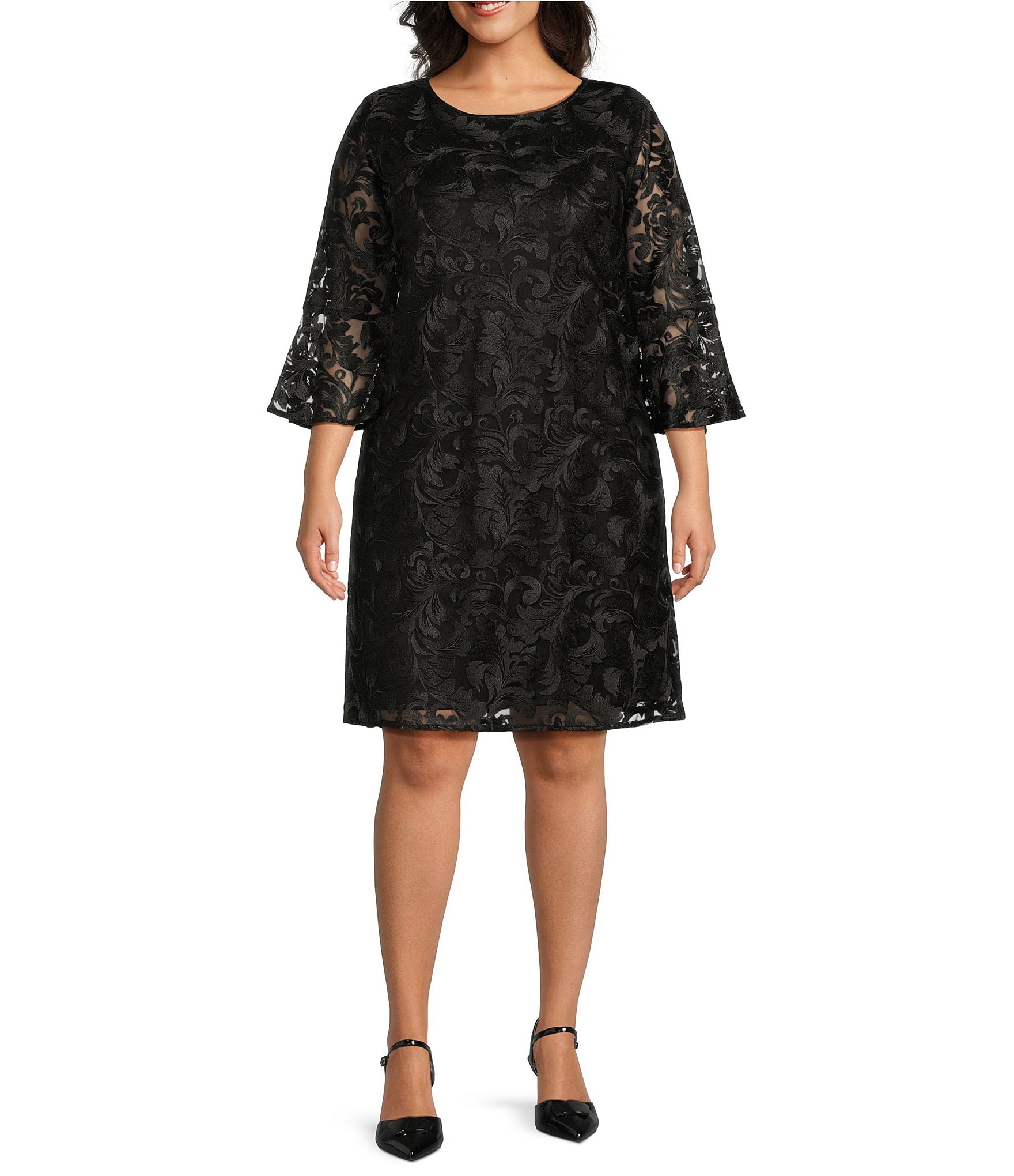 Caroline Rose Plus Size Bella Soiree Embroidered Mesh Lace 3/4 Bell Sleeve Shift Dress