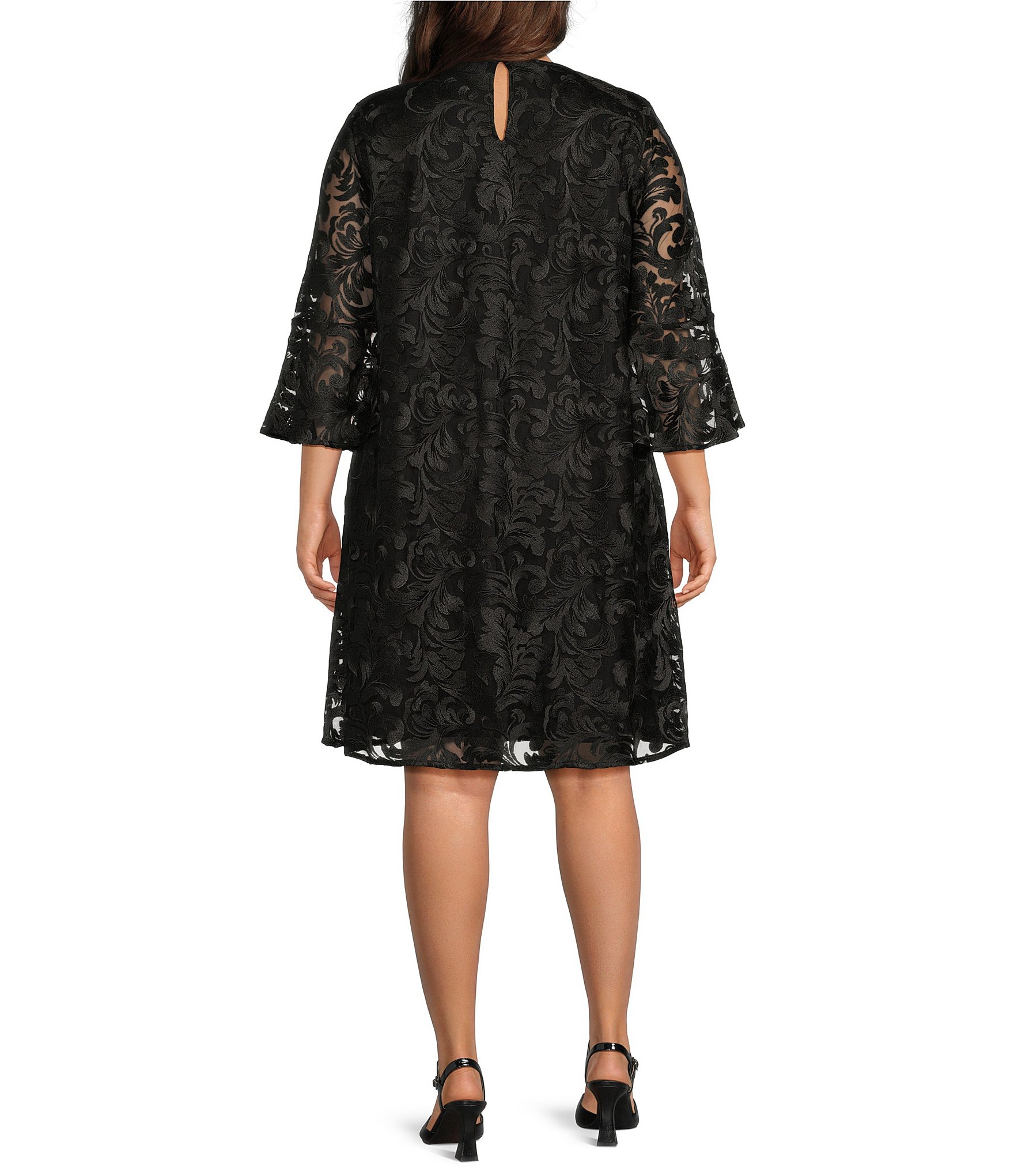 Caroline Rose Plus Size Bella Soiree Embroidered Mesh Lace 3/4 Bell Sleeve Shift Dress