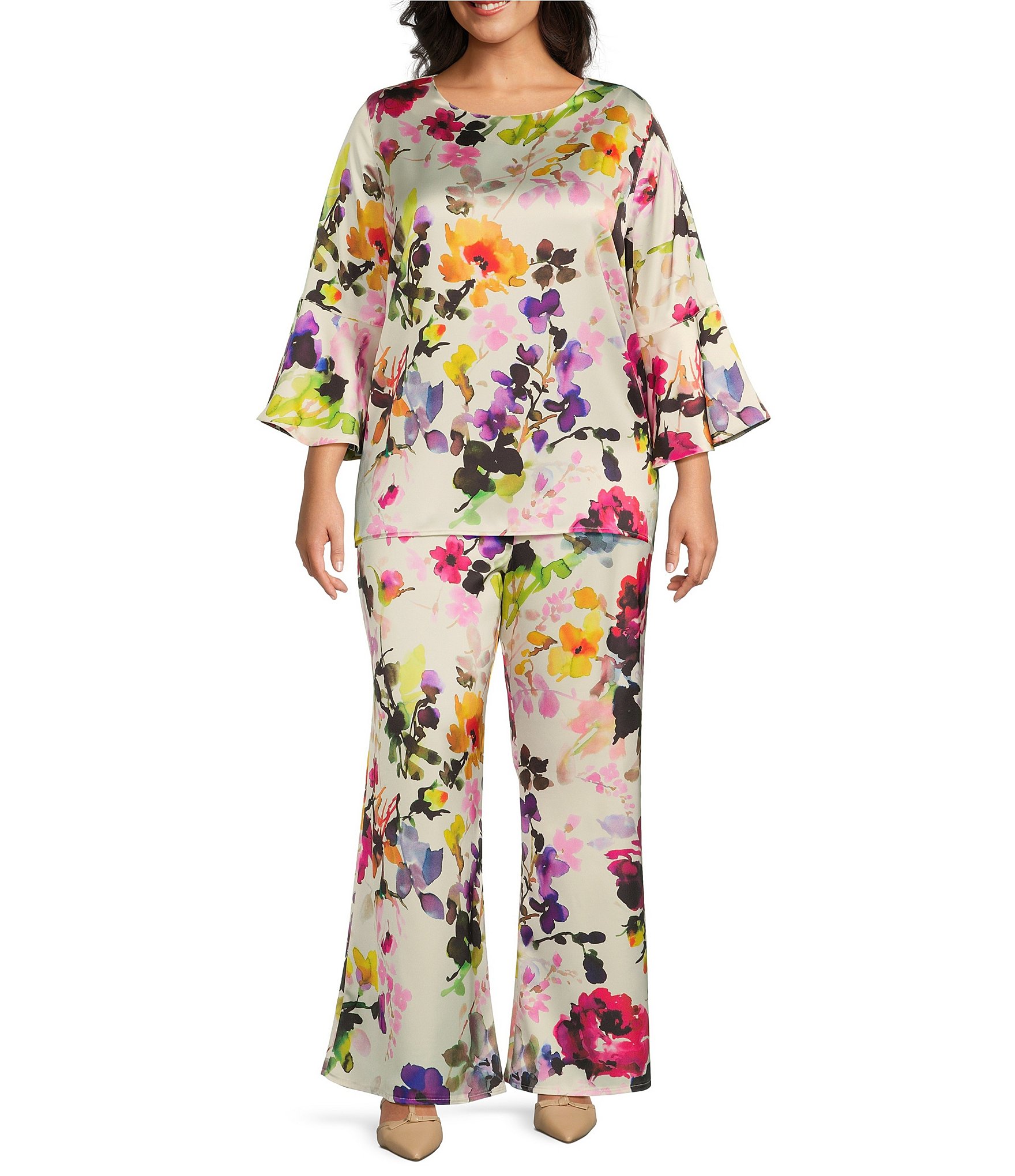 Caroline Rose Plus Size Brilliant Floral Bouquet Print Satin Scoop Neck 3/4 Soft Bell Sleeve Coordinating Tunic