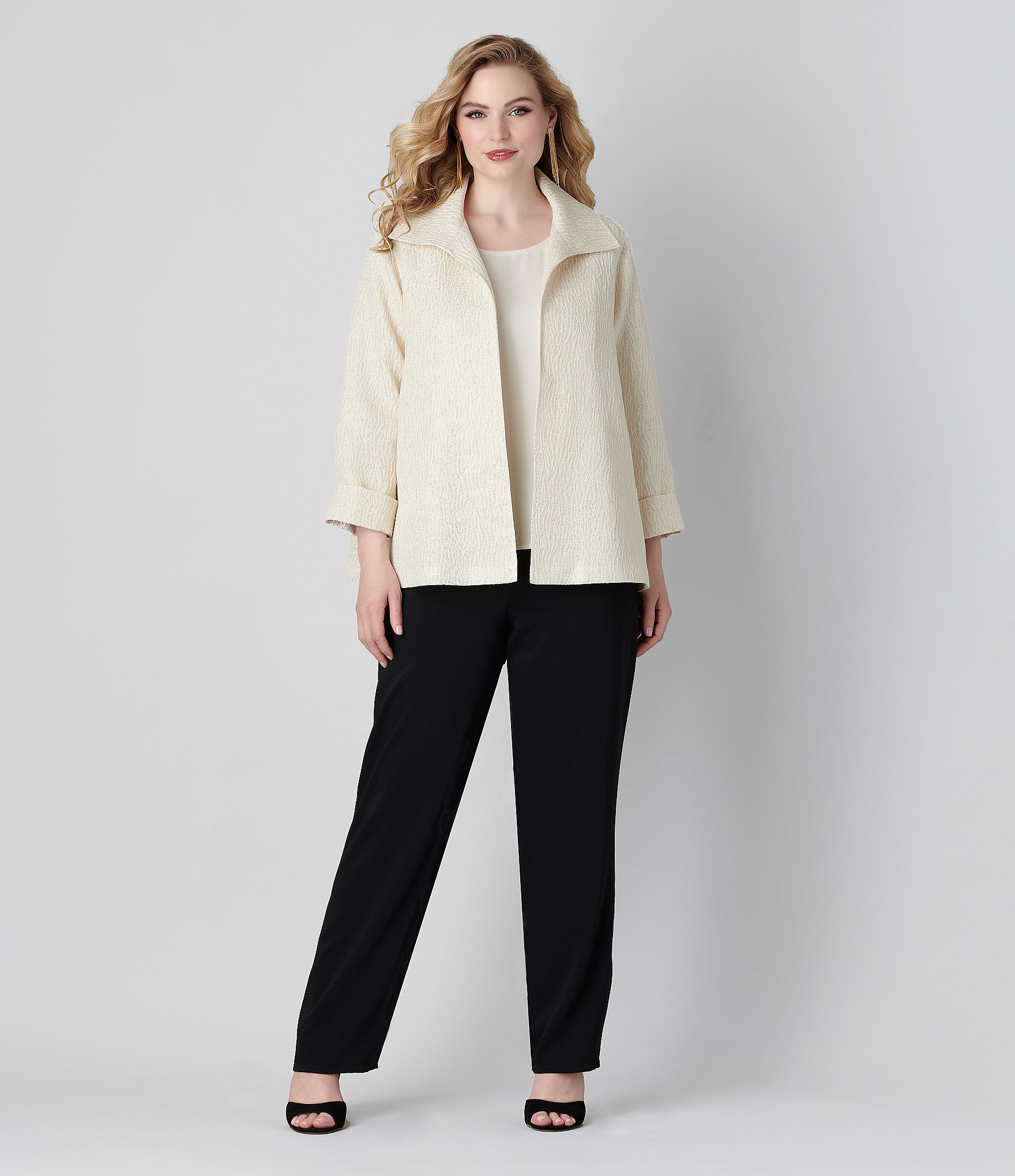 Caroline Rose Plus Size Celebration Textured Shimmer Jacquard Bracelet Sleeve Open-Front Jacket