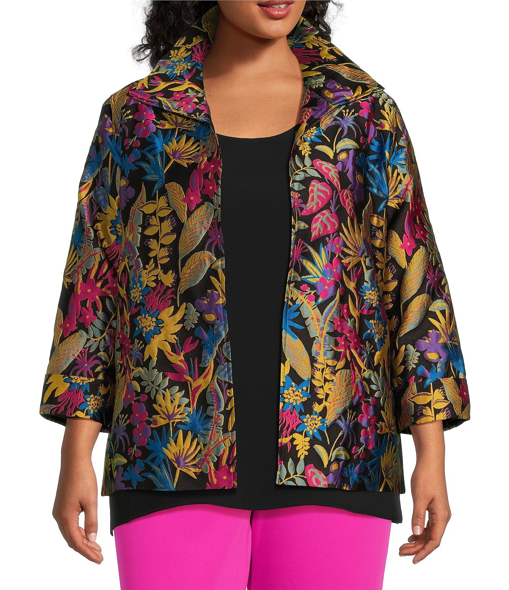 Caroline Rose Plus Size Jacquard Floral Fantasy Spread Collar 3 4 Sleeve Open Front Statement Jacket Dillard s