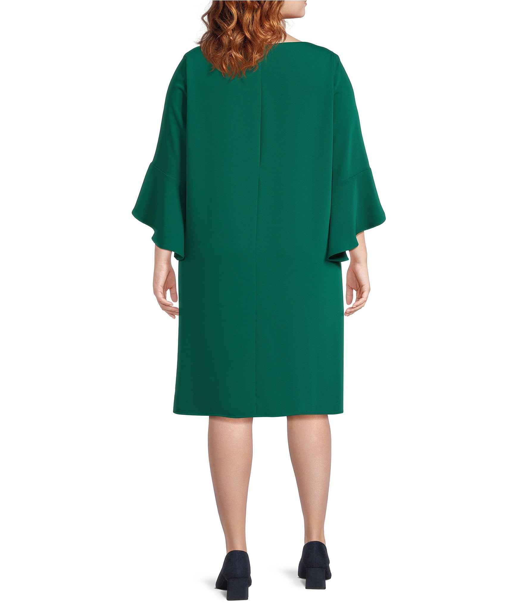 Caroline Rose Plus Size Julia Matte Crepe Round Neck 3/4 Ruffle Sleeve Shift Dress