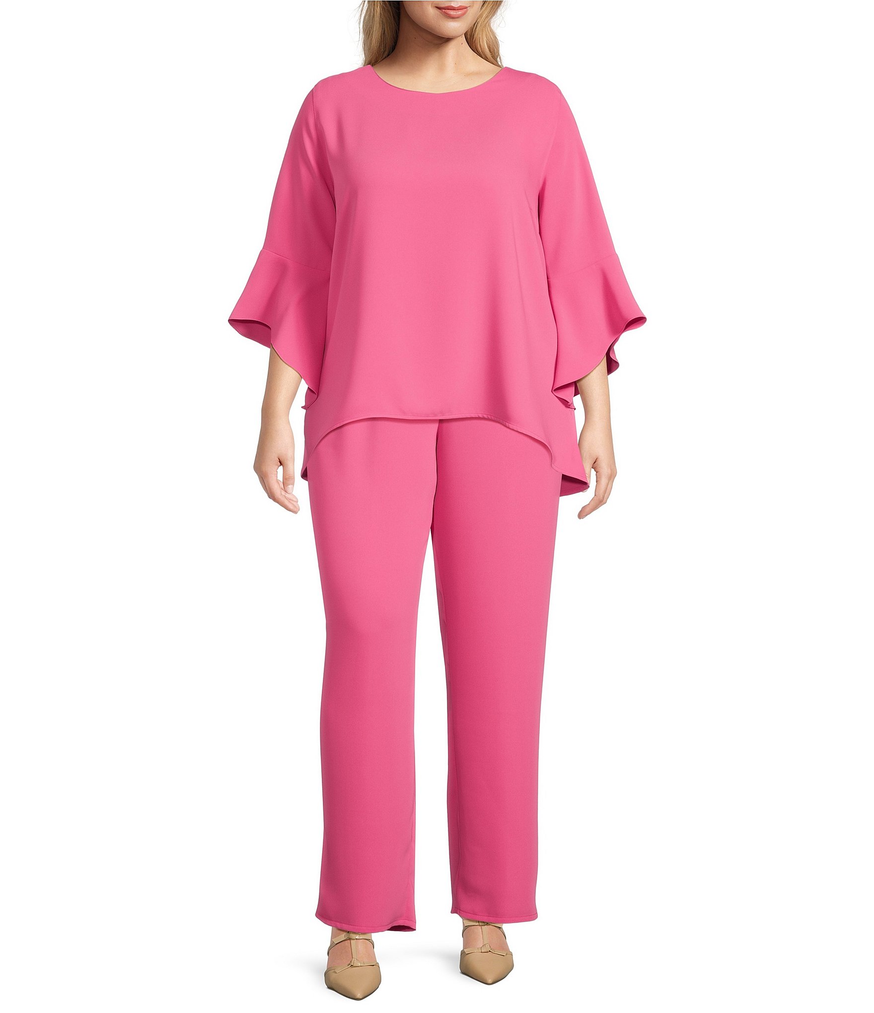 Caroline Rose Plus Size Julia Matte Crepe Round Neck 3/4 Ruffled Sleeve High-Low Hem Top