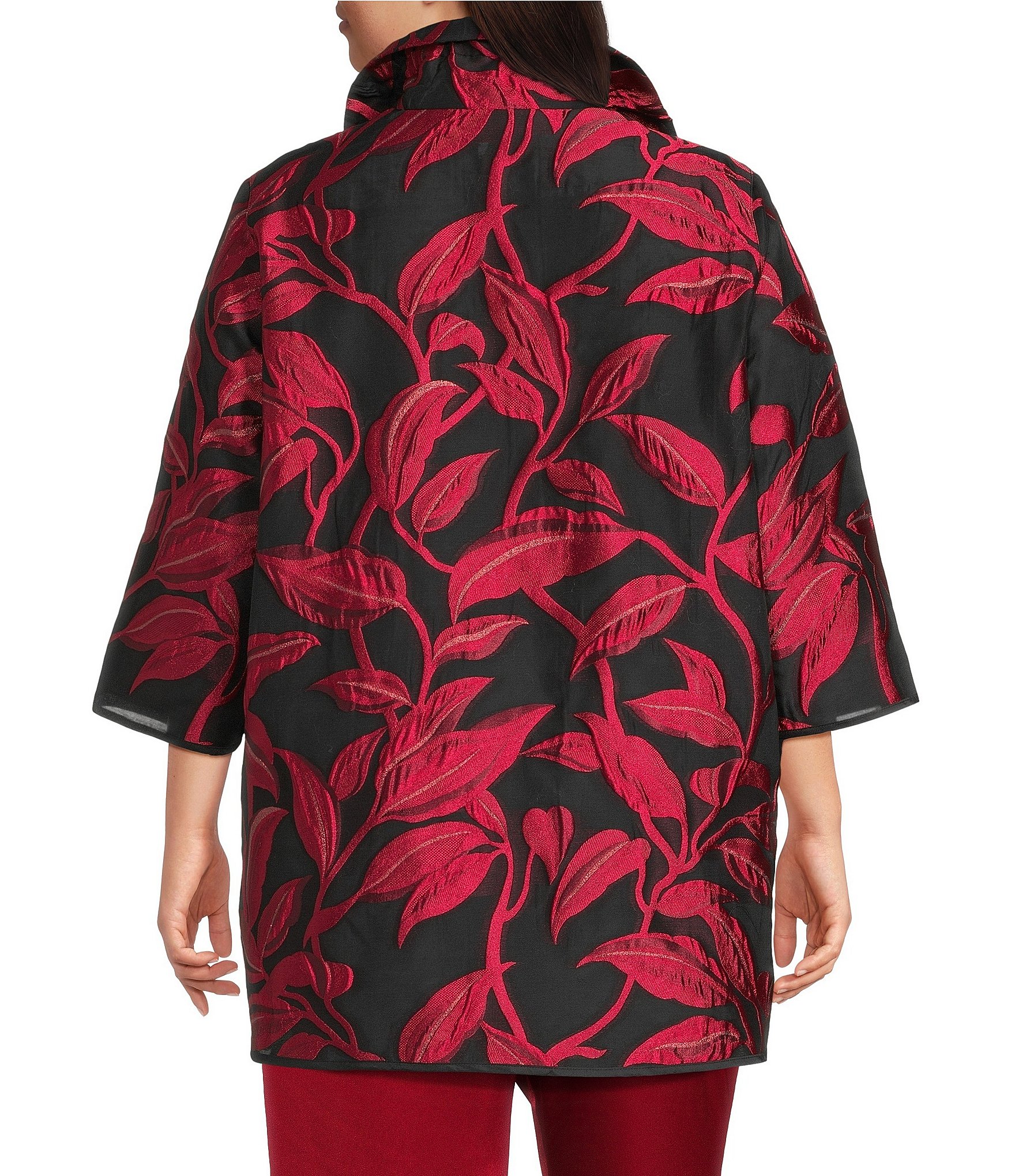 Caroline Rose Plus Size Luxe Leaf Pattern Devore Ruched Collar 3/4 Sleeve Open-Front Statement Jacket