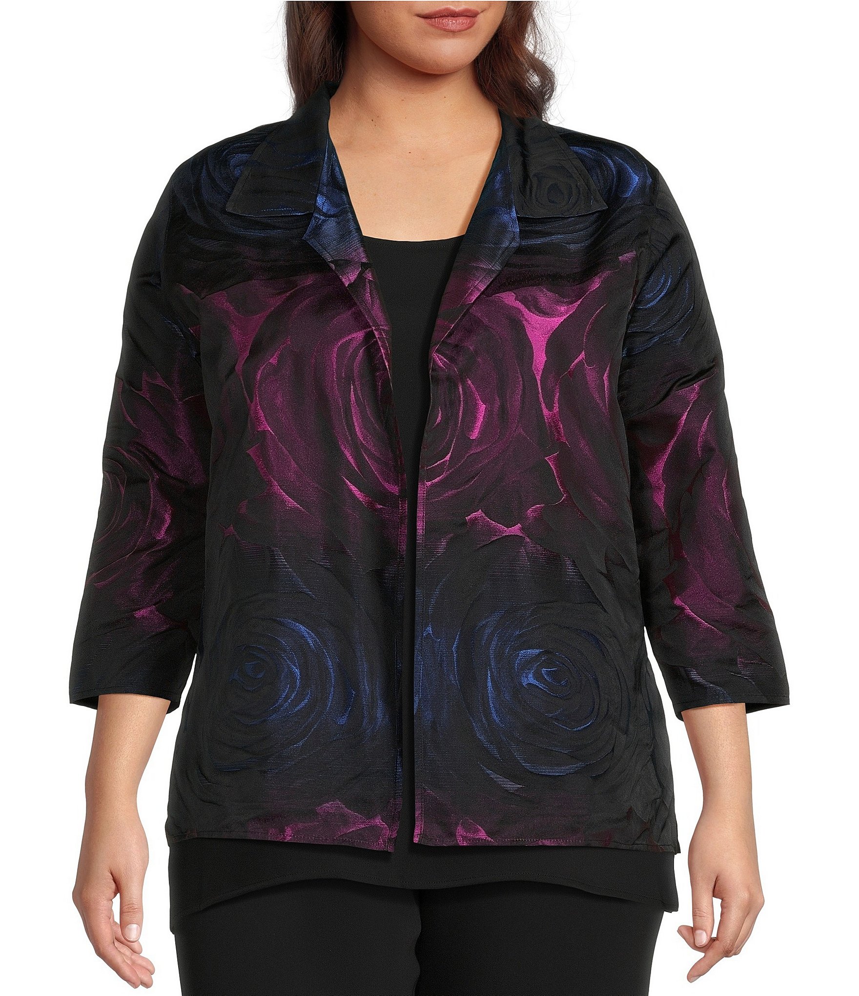 Caroline Rose Plus Size Ombre Rose Print Jacquard Spread Collar Bracelet  Length Sleeve Open-Front Easy Statement Jacket | Dillard's