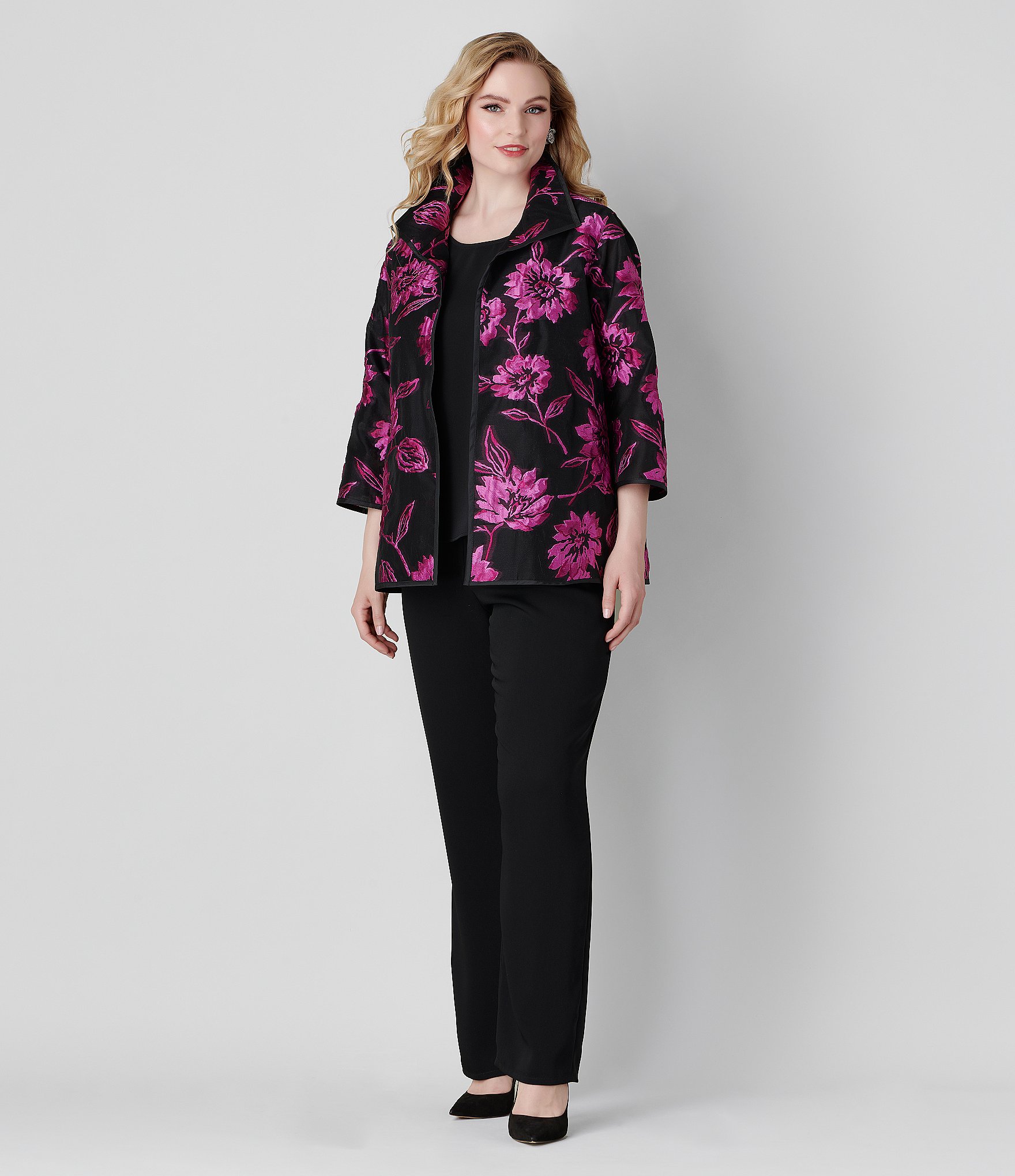 Caroline Rose Plus Size Vivid Blooms Devore Easy A-Line Jacket