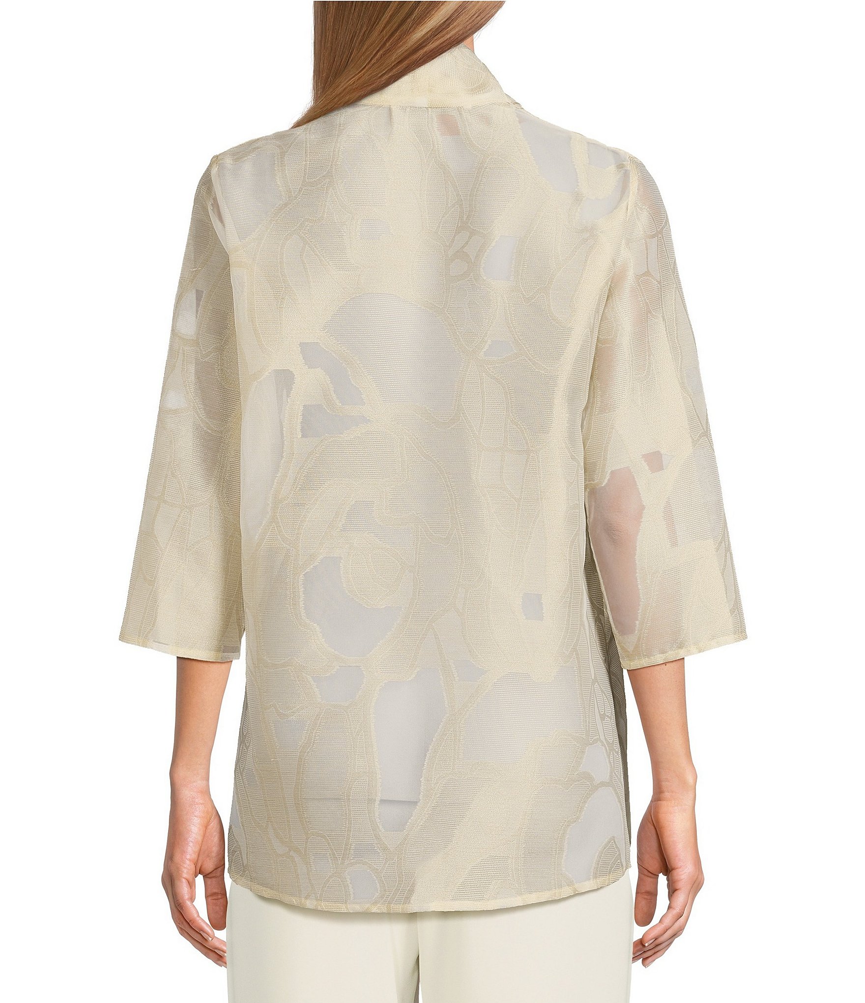 Caroline Rose Sheer Elegance Devore Stand Collar Bracelet Sleeve Open-Front Swing Jacket