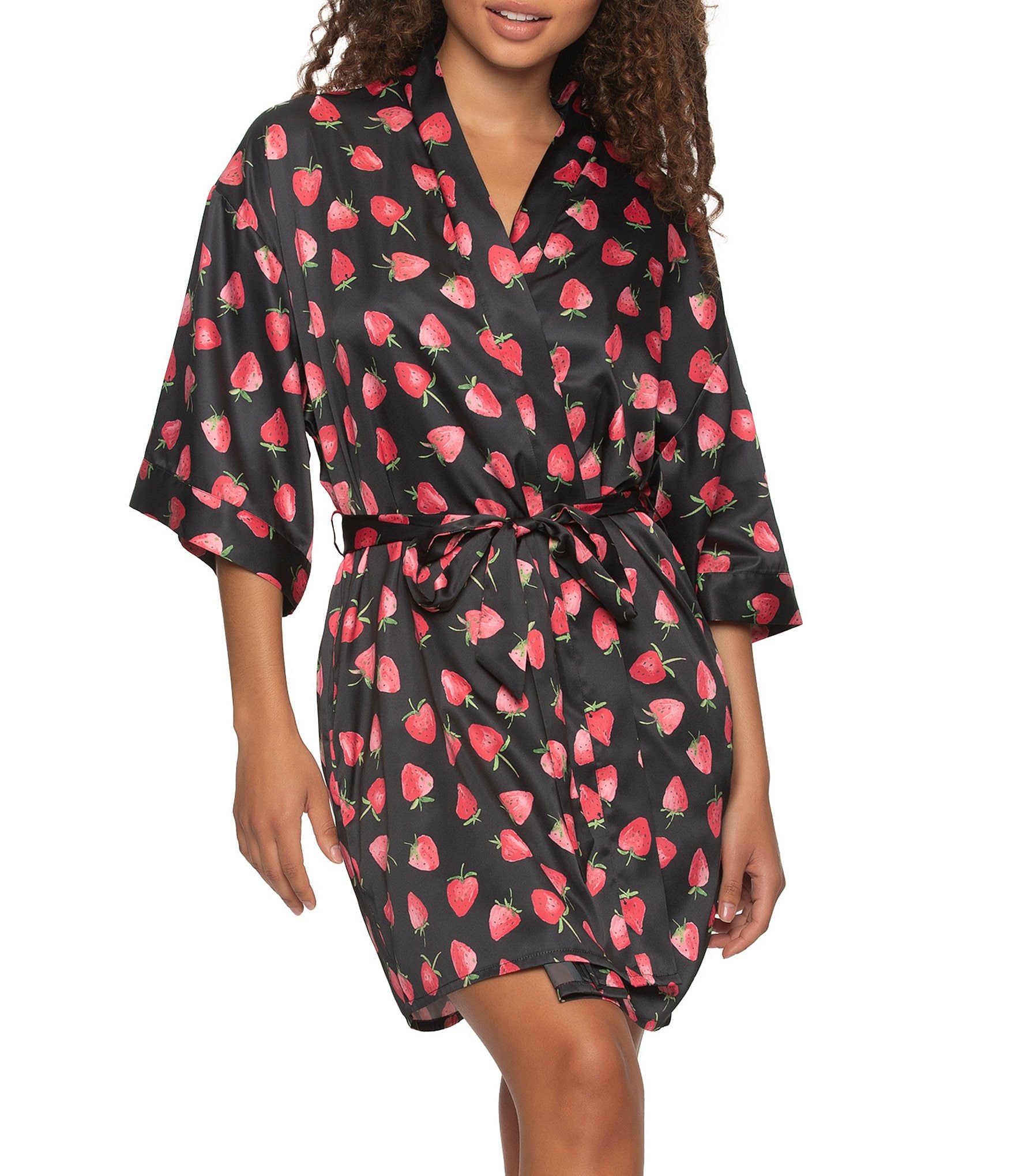 Cassandra Strawberry Print Satin Coordinating Kimono Wrap Robe