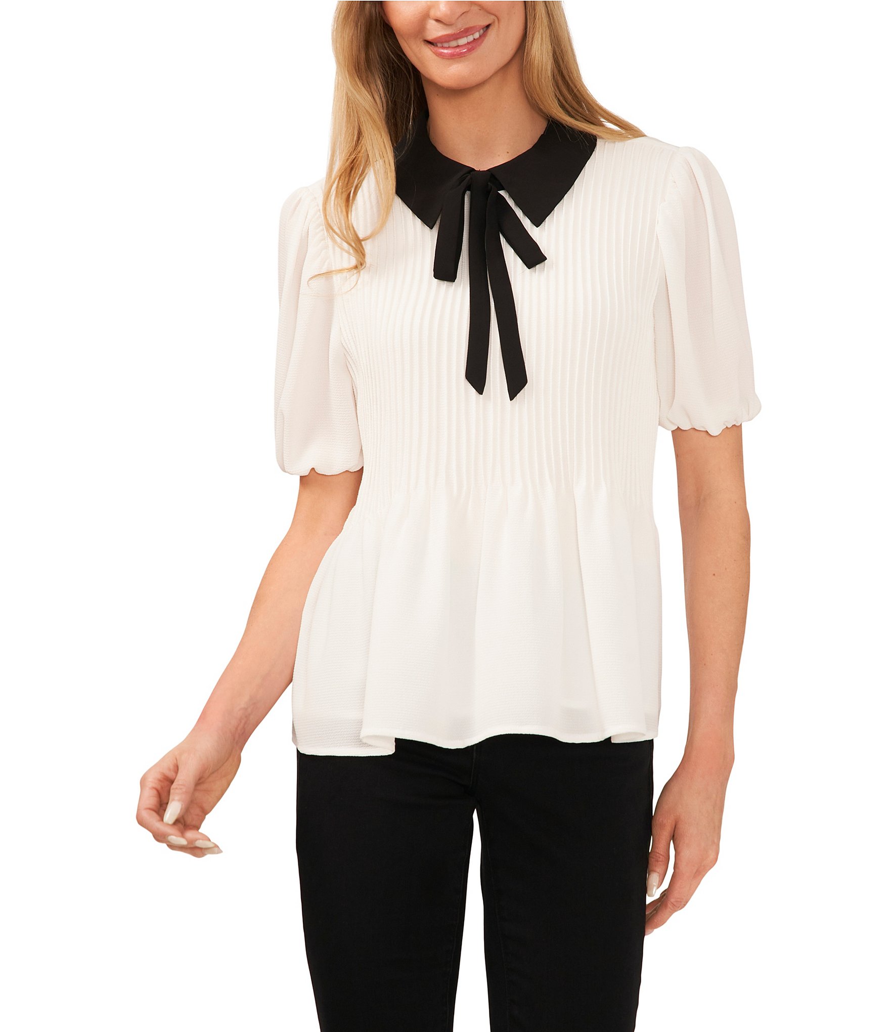 CeCe Contrasting Point Collar Tie Front Short Puff Sleeve Pintuck