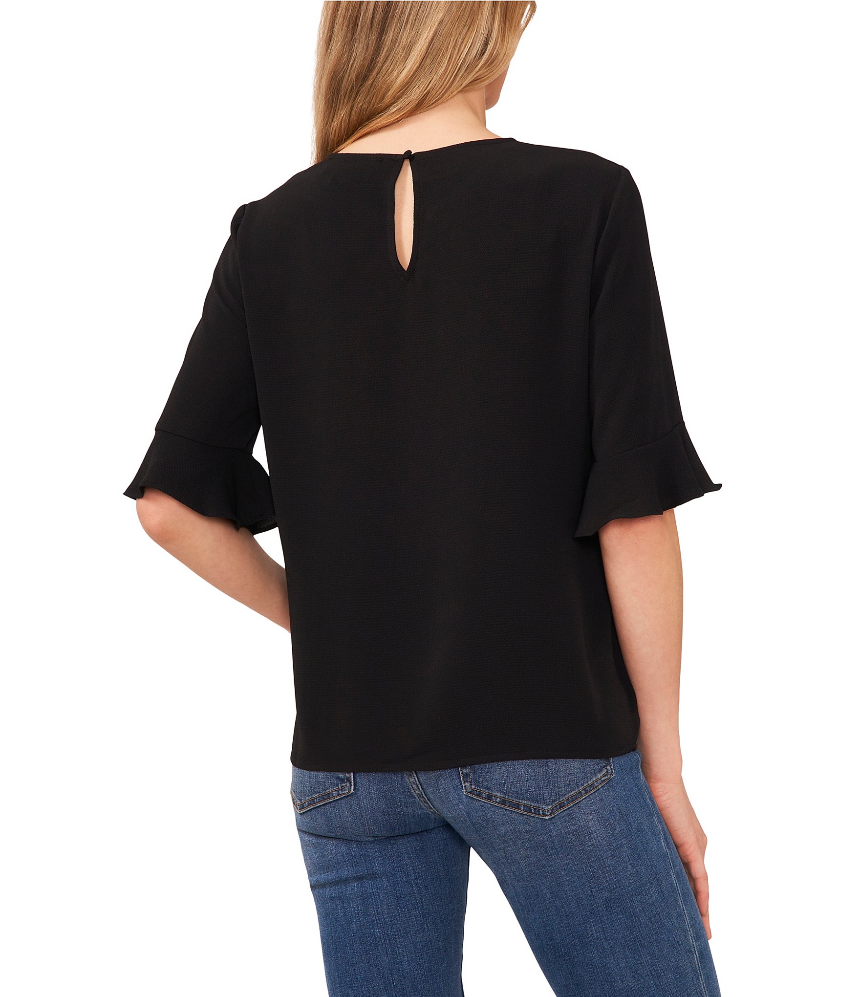 CeCe Crew Neck Short Ruffle Sleeve Keyhole Button Back Blouse