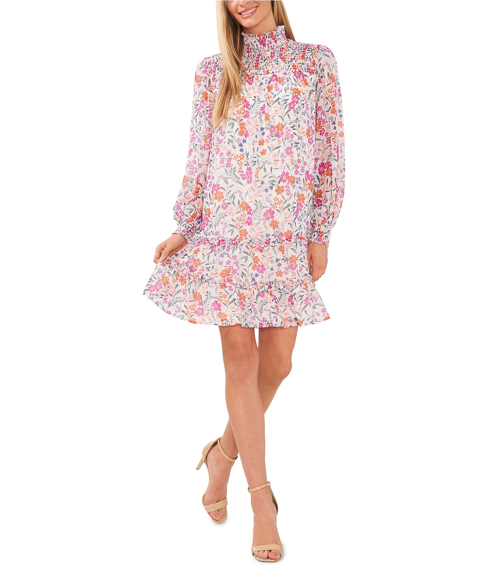 Cece Floral Print Chiffon Mock Neck Long Sleeve Swing Dress