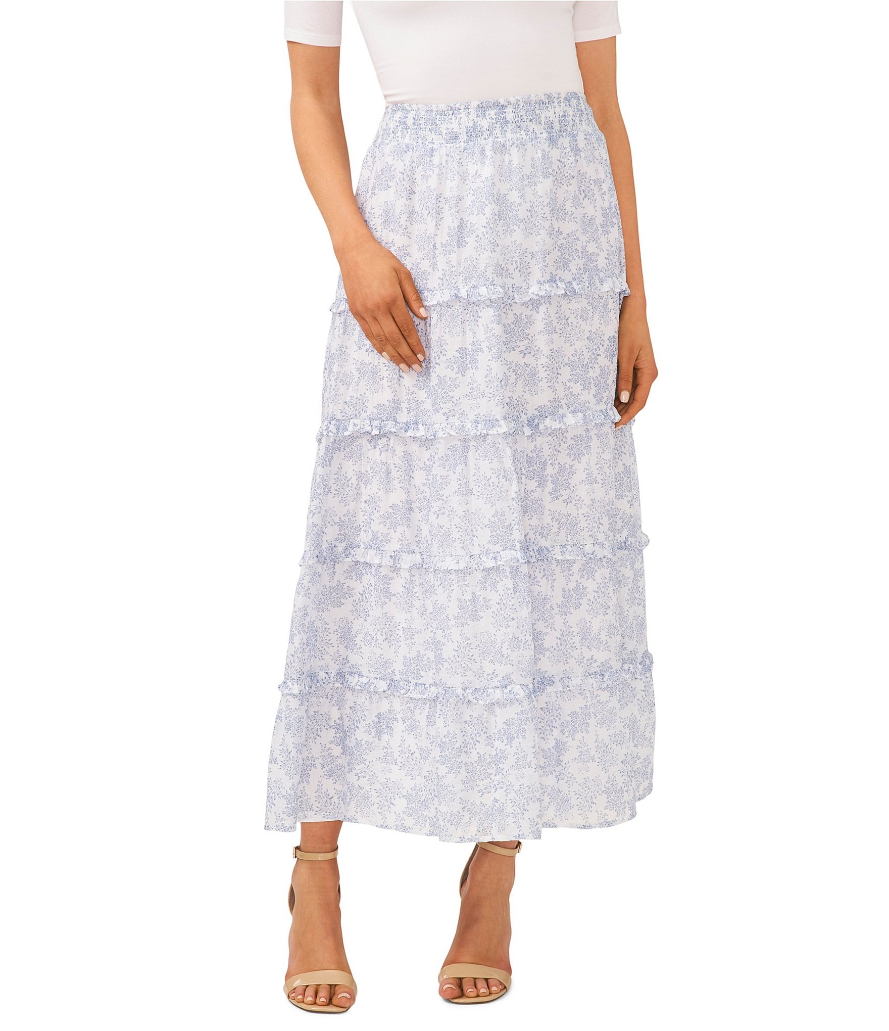 CeCe Floral Print Smocked Waist Tiered A-Line Maxi Skirt | Dillard's