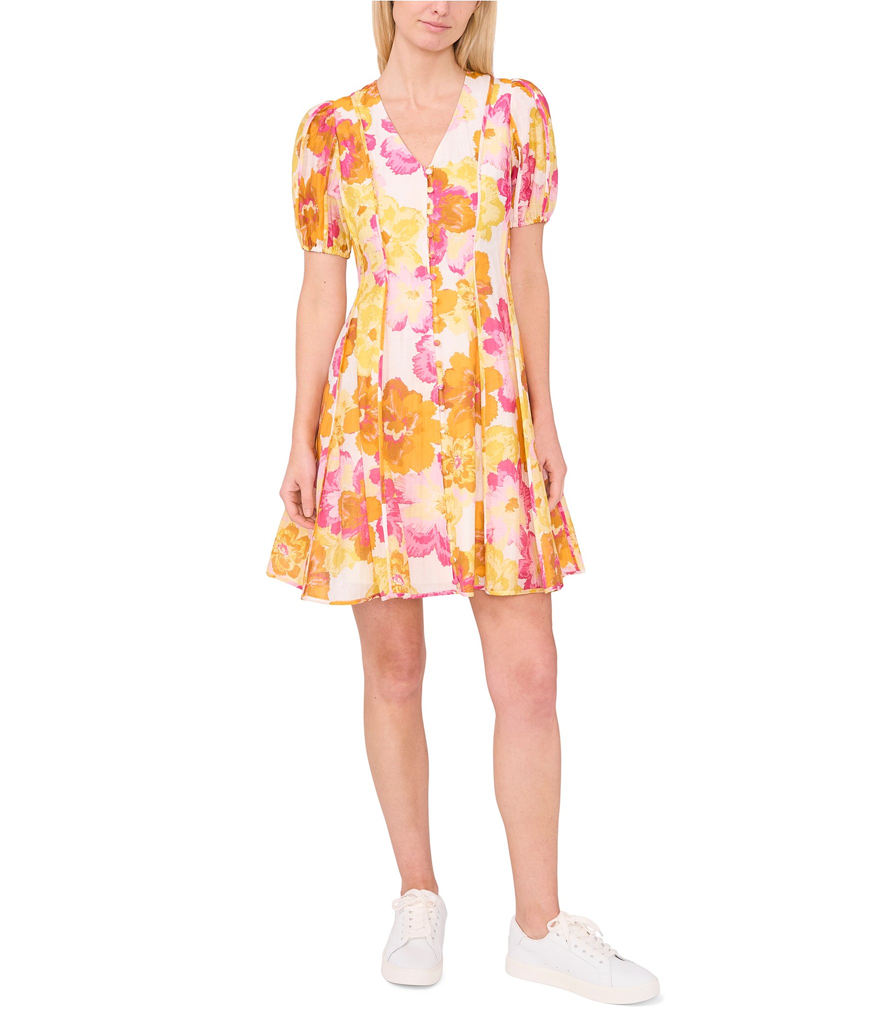 CeCe Floral V-Neck Short Sleeve Floral Button Front Dress | Dillard's