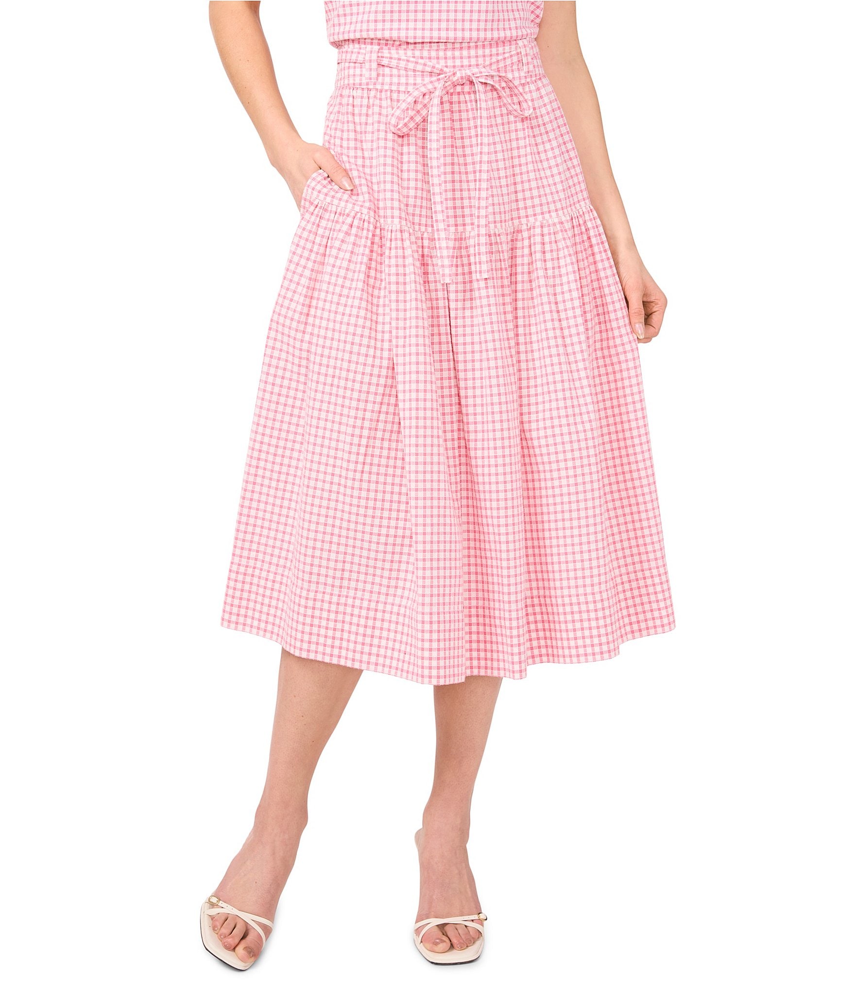 CeCe Gingham A-Line Tiered Belted Midi Skirt