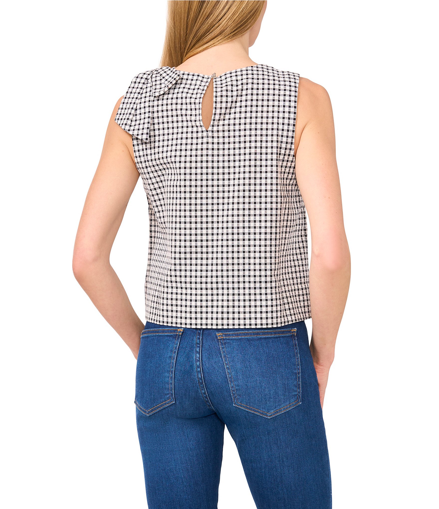 CeCe Gingham Print Crew Neck Sleeveless Bow Top