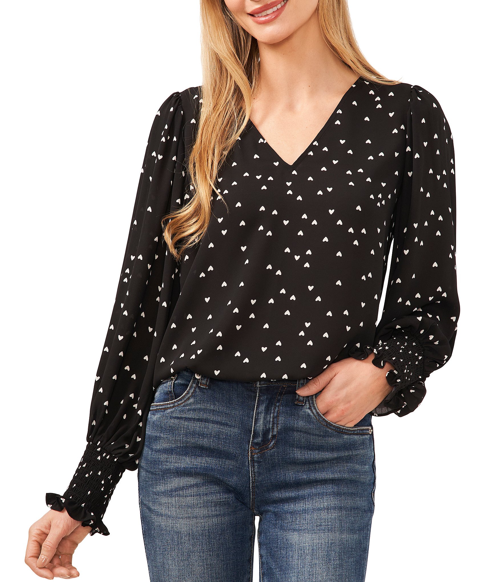 CeCe Heart Print Long Sleeve Smocked Cuff V-Neck Blouse | Dillard's