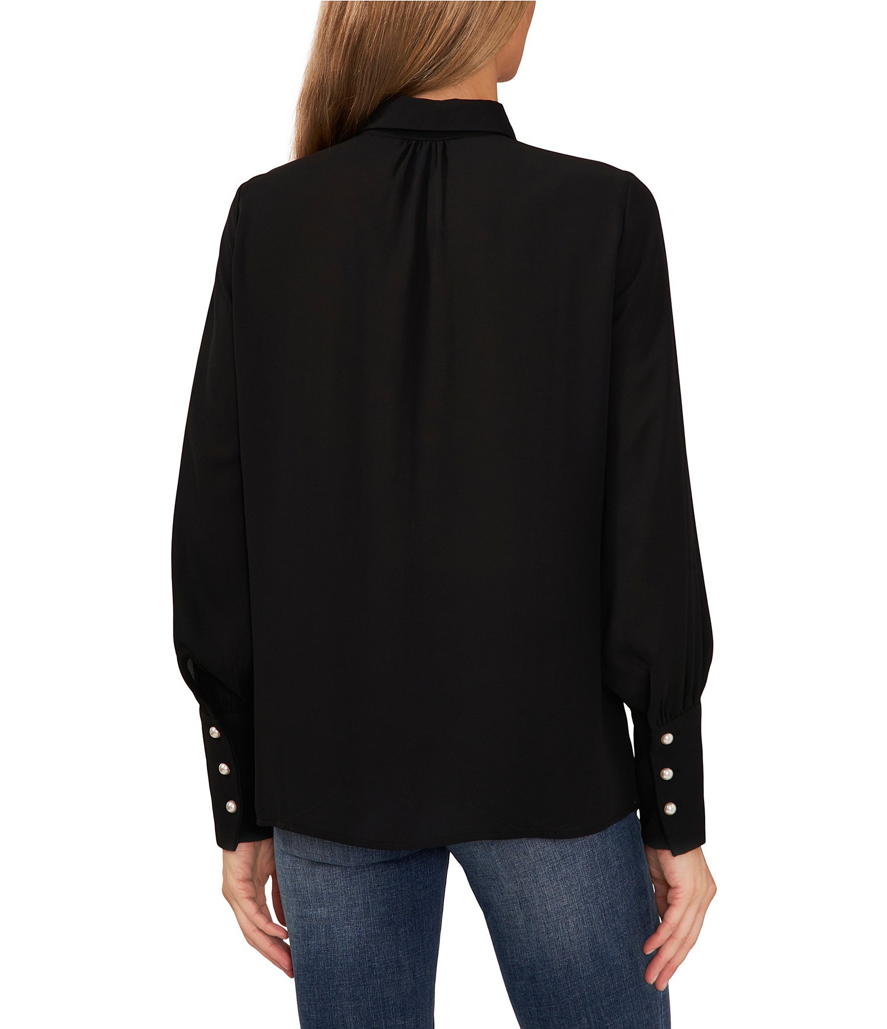 CeCe Heavy Georgette Point Collar Long Sleeve Pearl Button Front Shirt