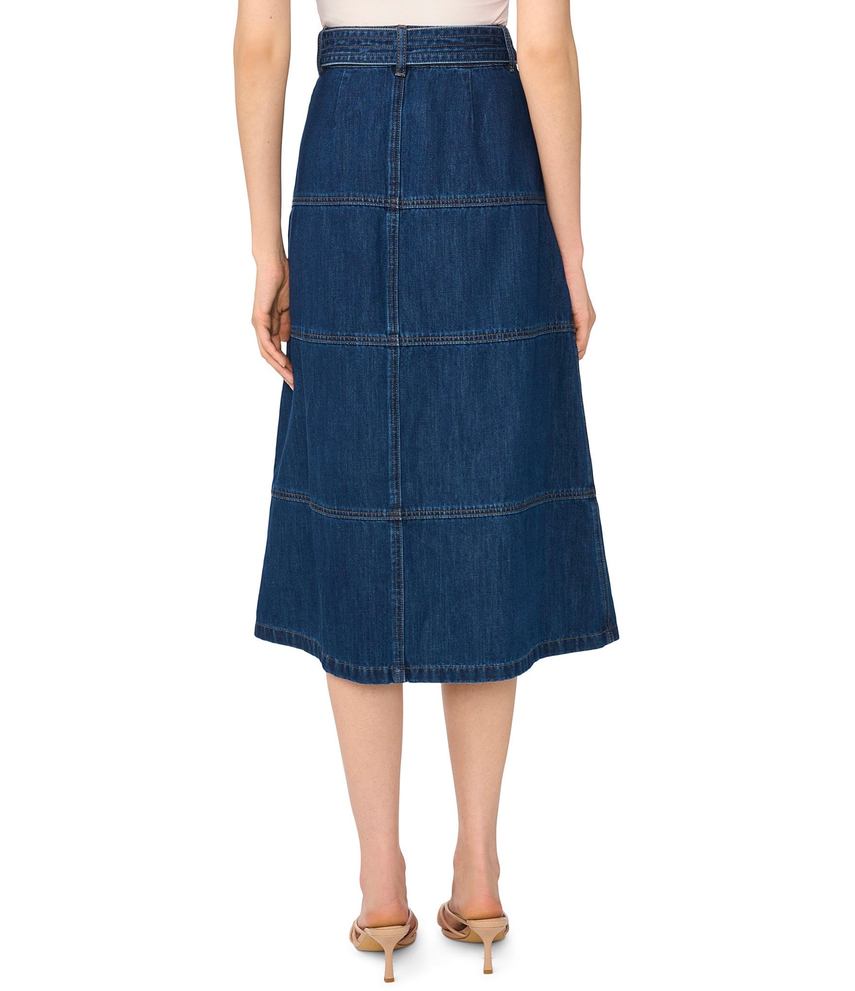 CeCe High Rise Tie Front Knee Length Denim Skirt