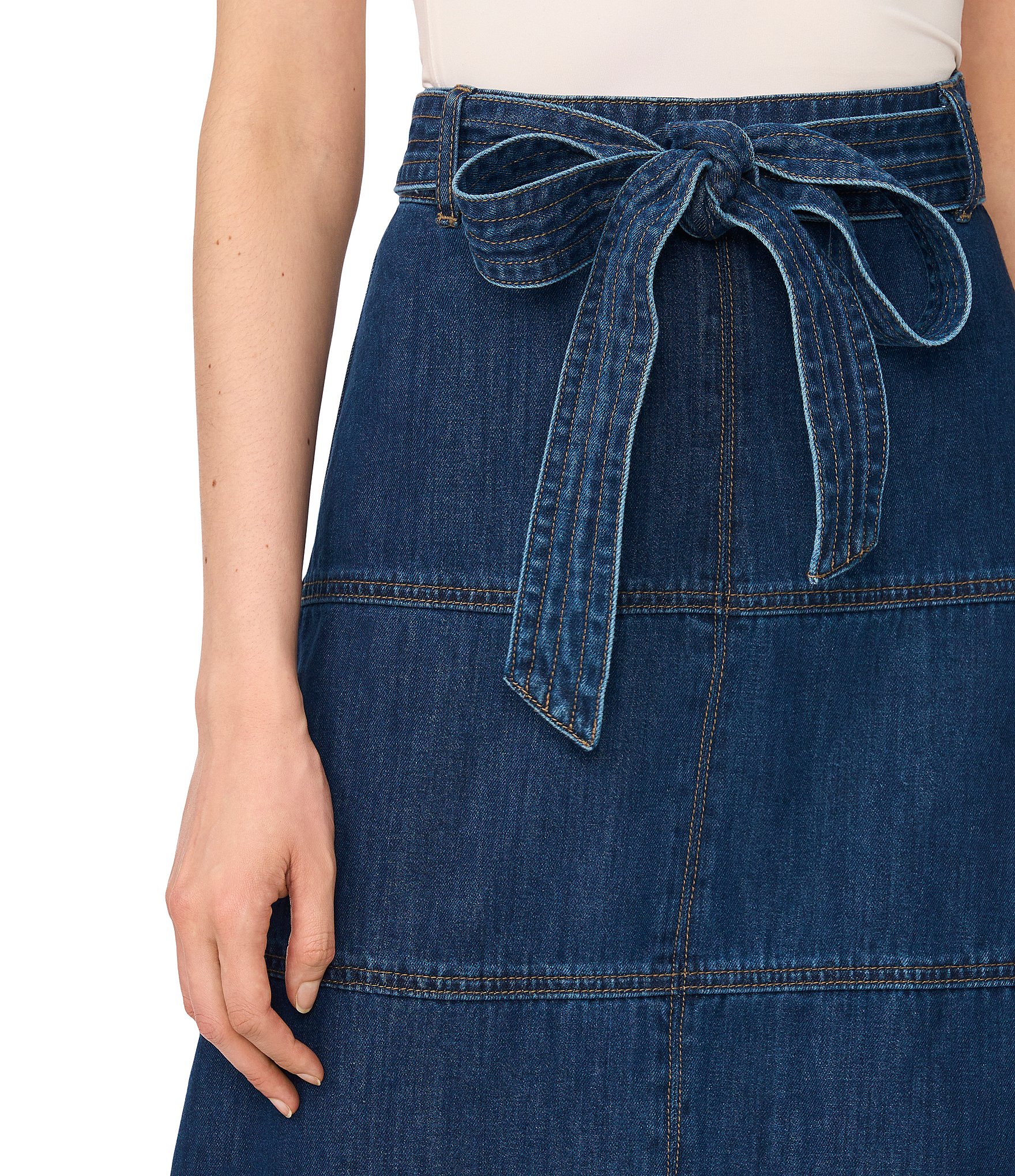 CeCe High Rise Tie Front Knee Length Denim Skirt