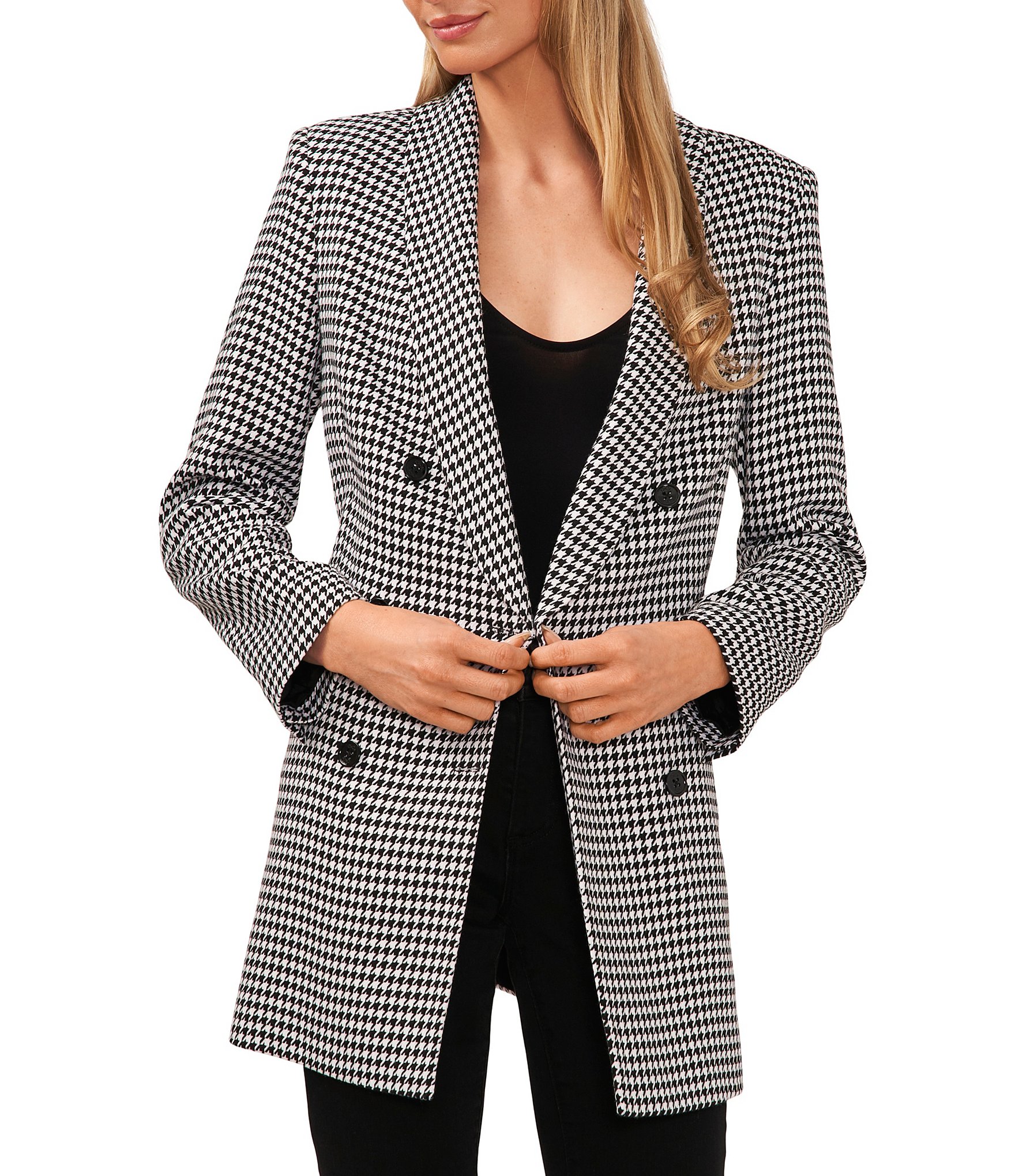 CeCe Houndstooth Print Double Breasted Long Sleeve Shawl Lapel ...