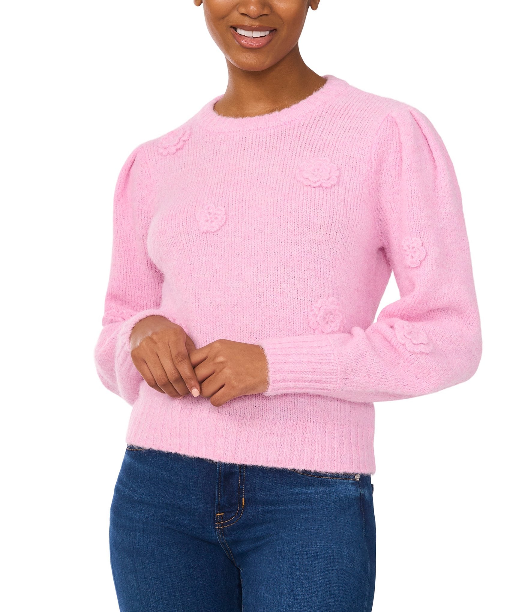 CeCe Knit Crew Neck Long Sleeve 3D Flower Sweater | Dillard's