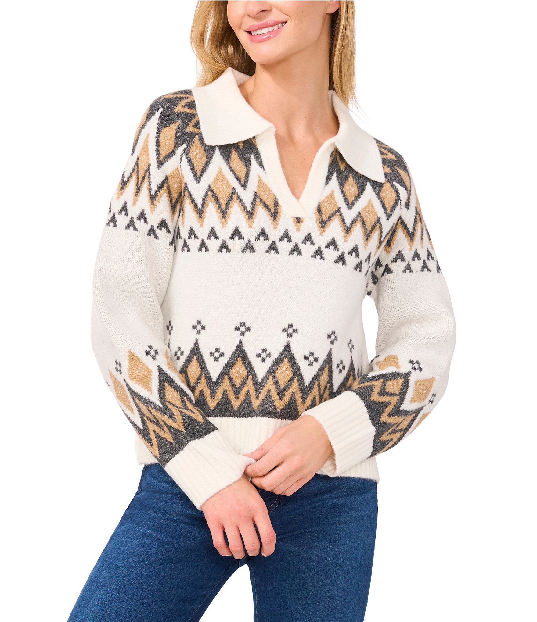 CeCe Knit Fair Isle Collared V-Neck Long Sleeve Sweater | Dillard's