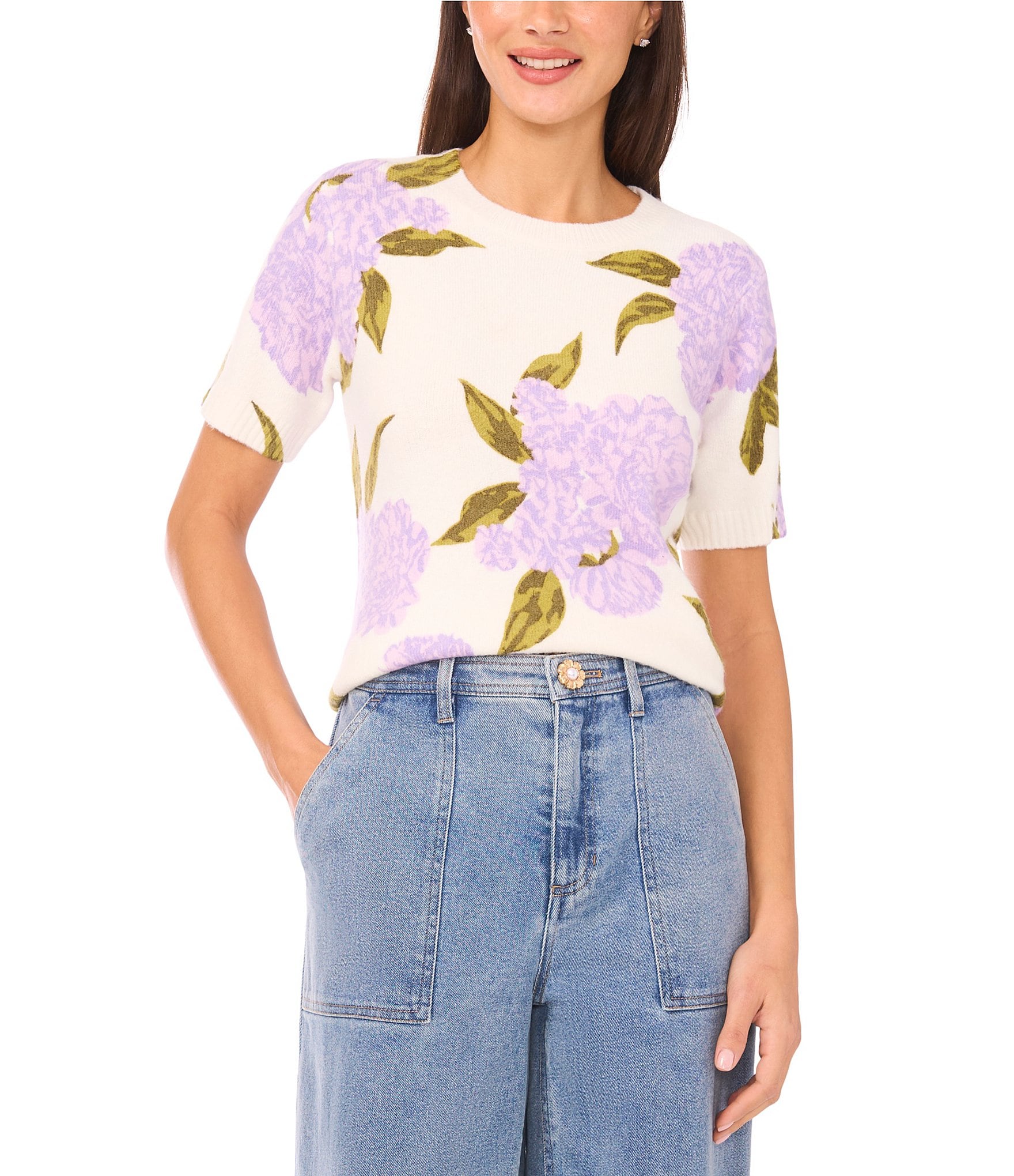 CeCe Knit Floral Print Round Neck Short Sleeve Top