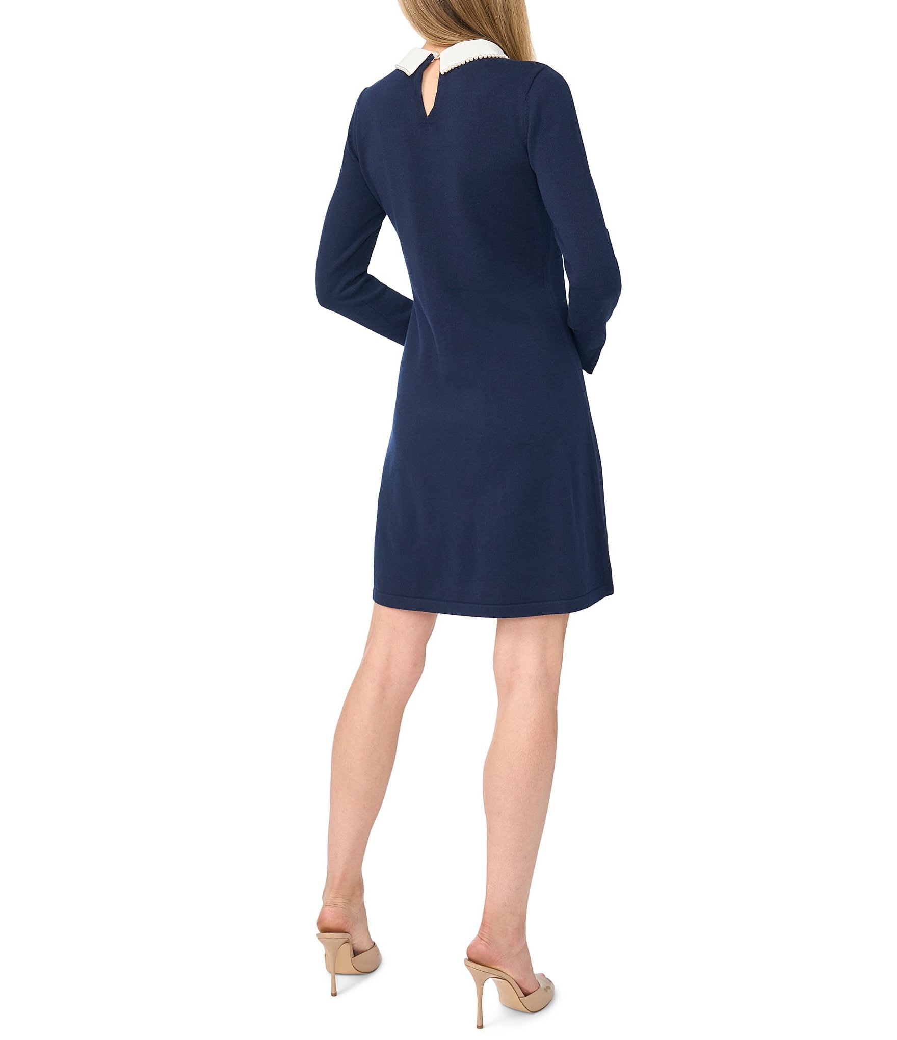 CeCe Knit Pearl Collared Long Sleeve Sweater Dress