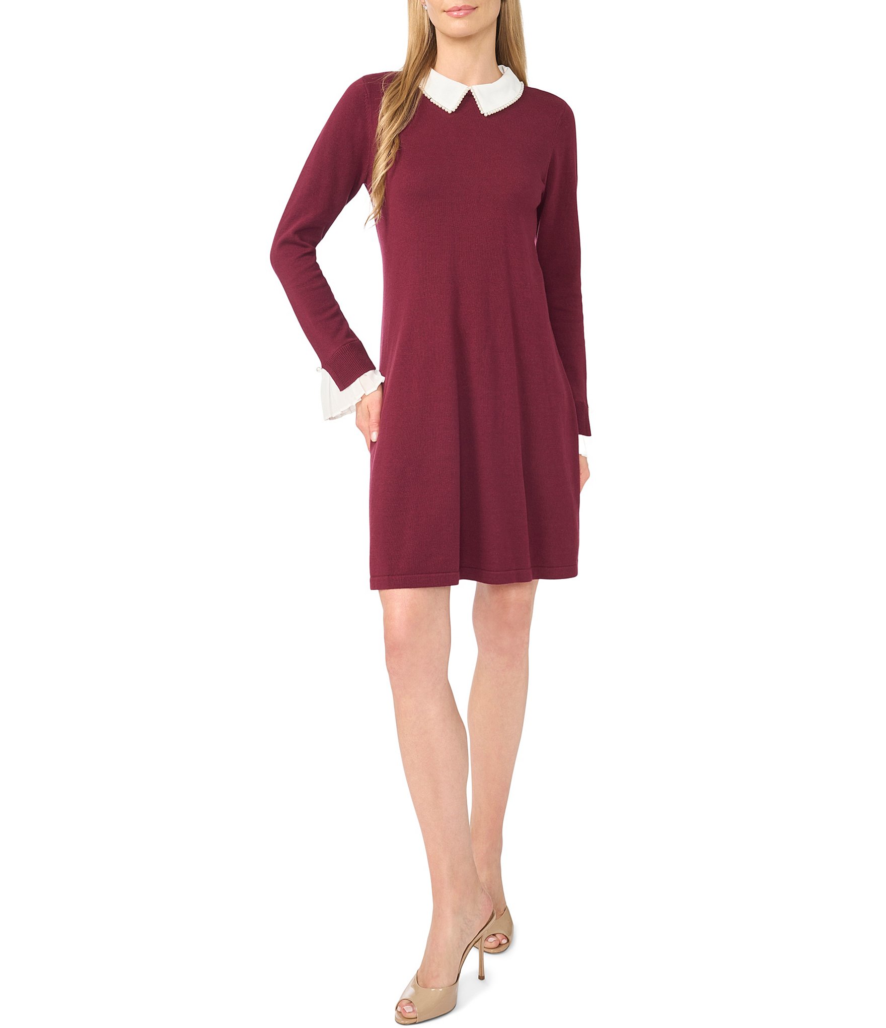 CeCe Knit Pearl Collared Long Sleeve Sweater Dress