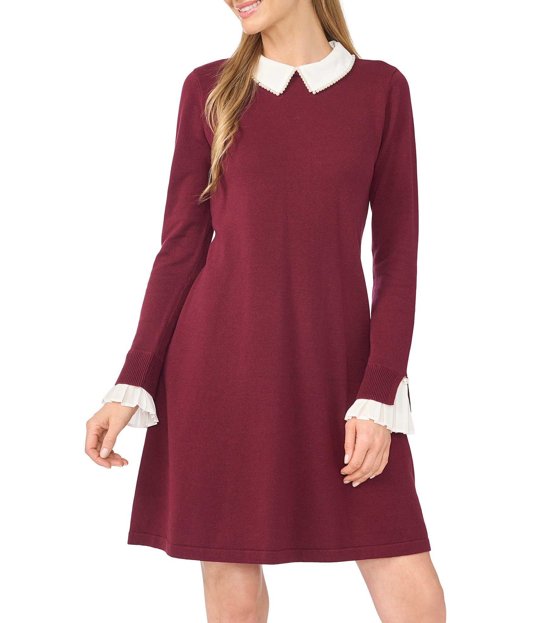 CeCe Knit Pearl Collared Long Sleeve Sweater Dress