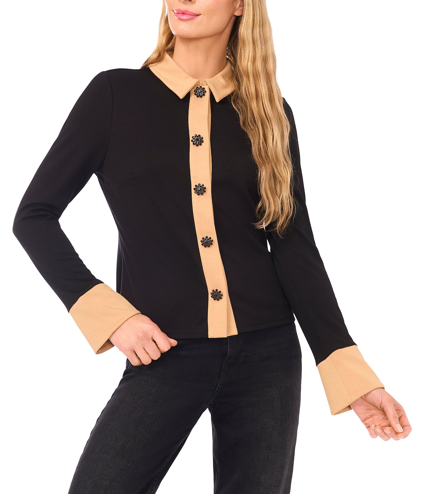 CeCe Knit Point Collar Long Sleeve Button Down Top