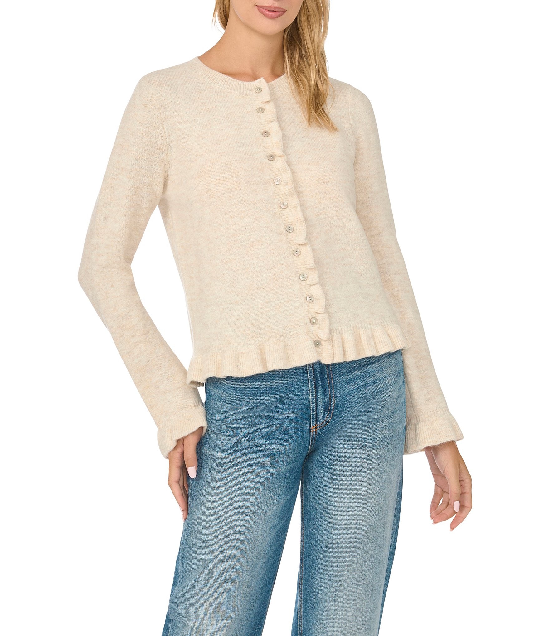 CeCe Long Sleeve Round Neck Ruffle Trim Button Front Cardigan