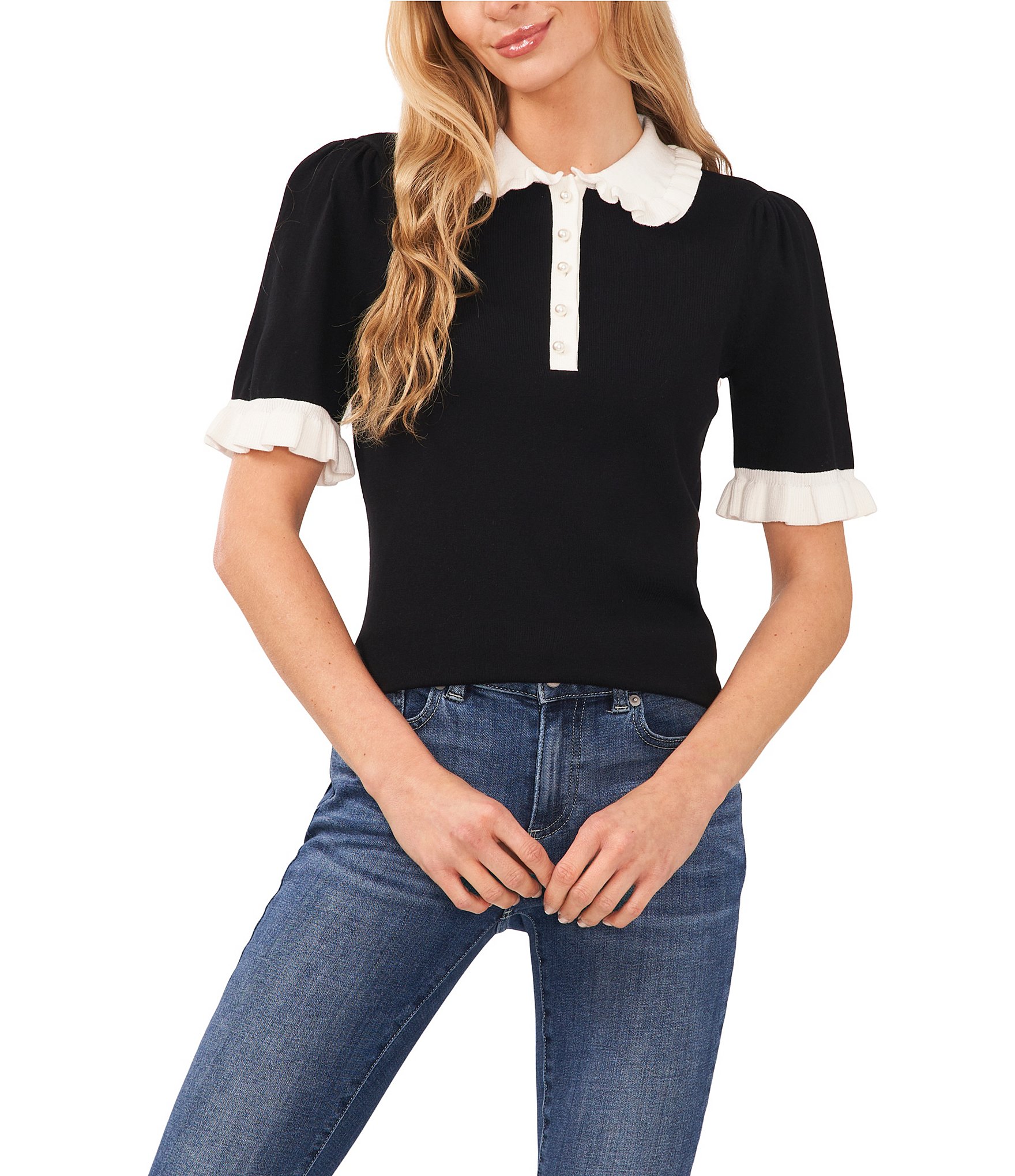 CeCe Knit Ruffle Collar Short Sleeve Partial Button Front Blouse