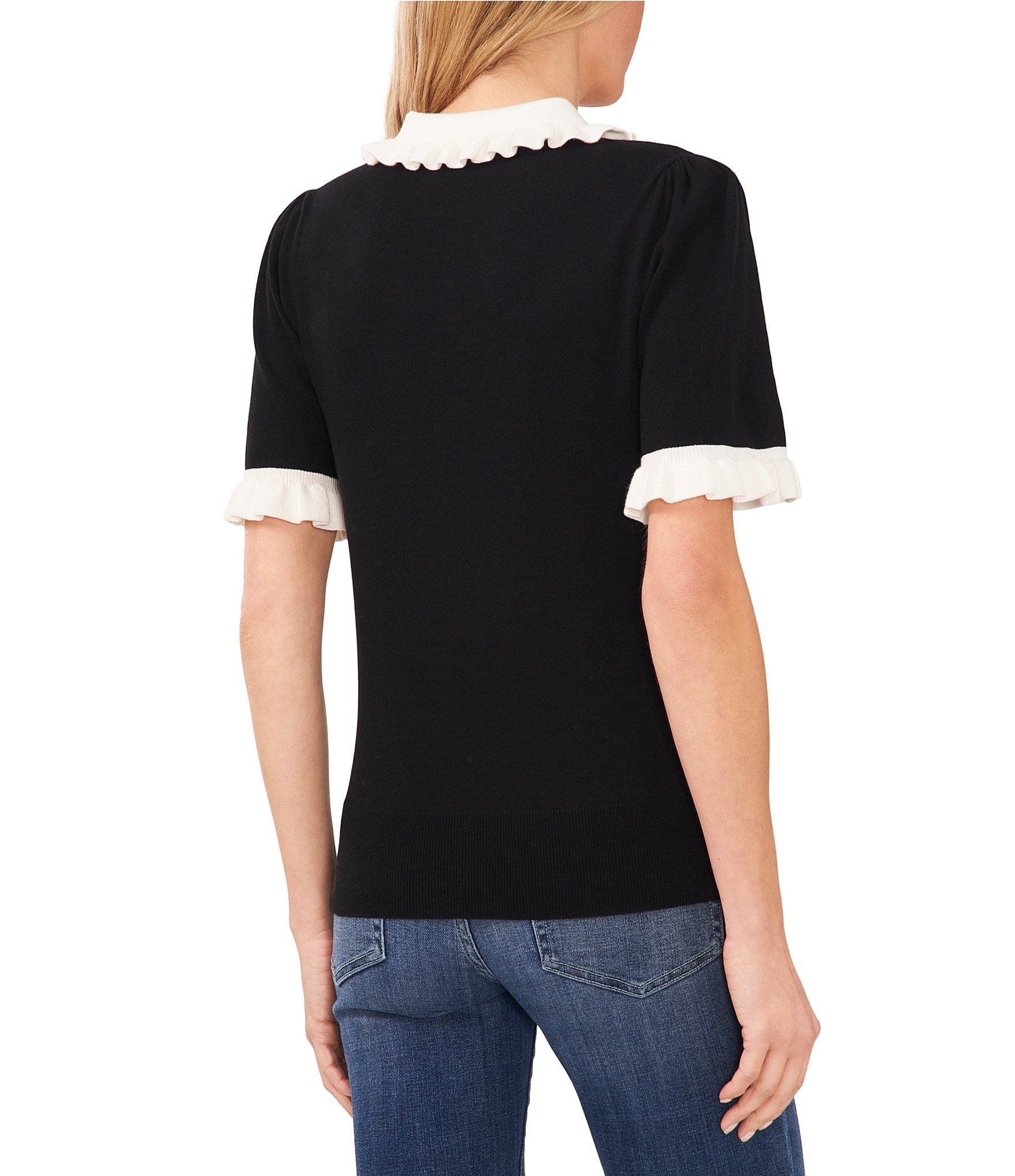 CeCe Knit Ruffle Collar Short Sleeve Partial Button Front Blouse