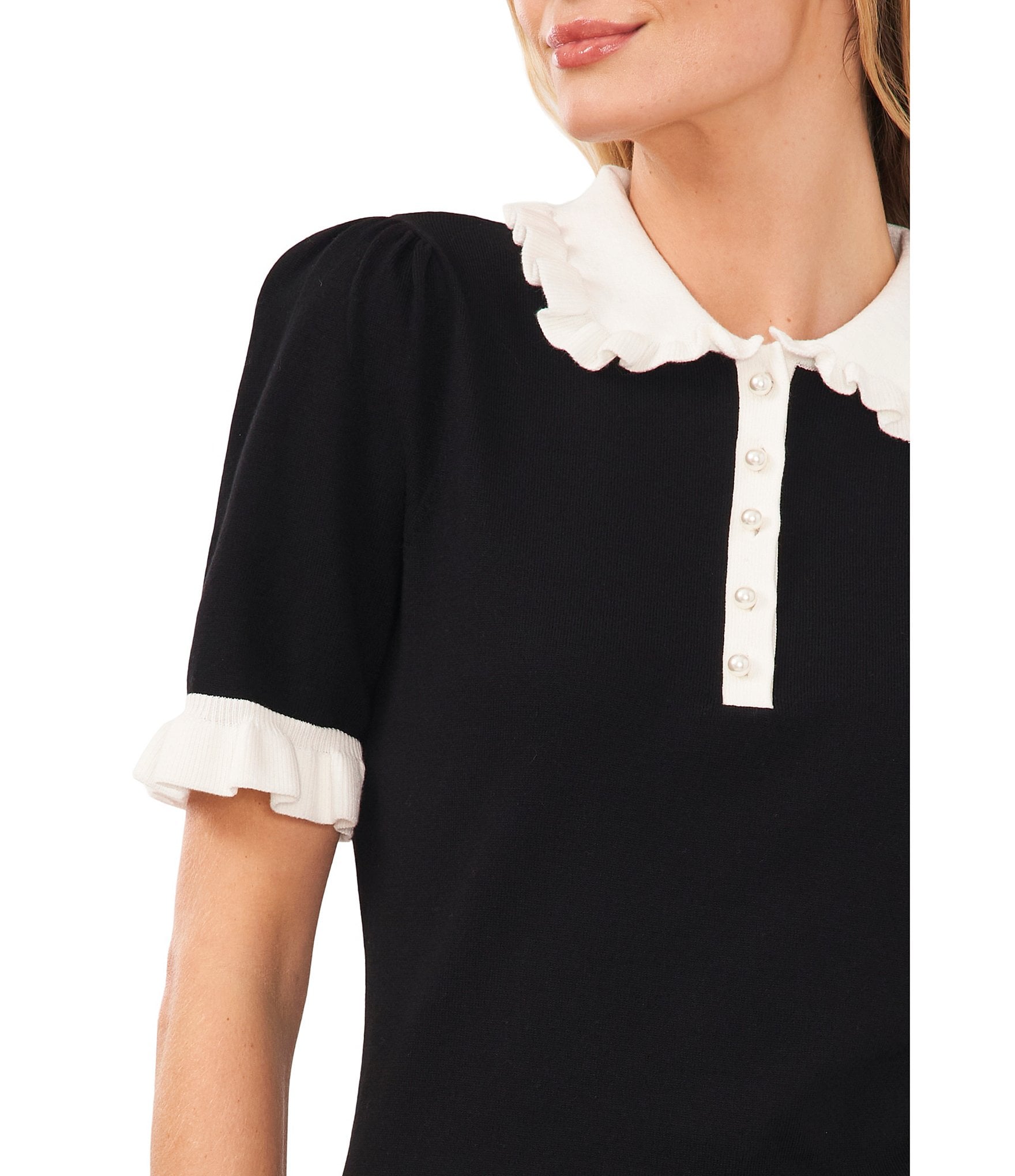 CeCe Knit Ruffle Collar Short Sleeve Partial Button Front Blouse