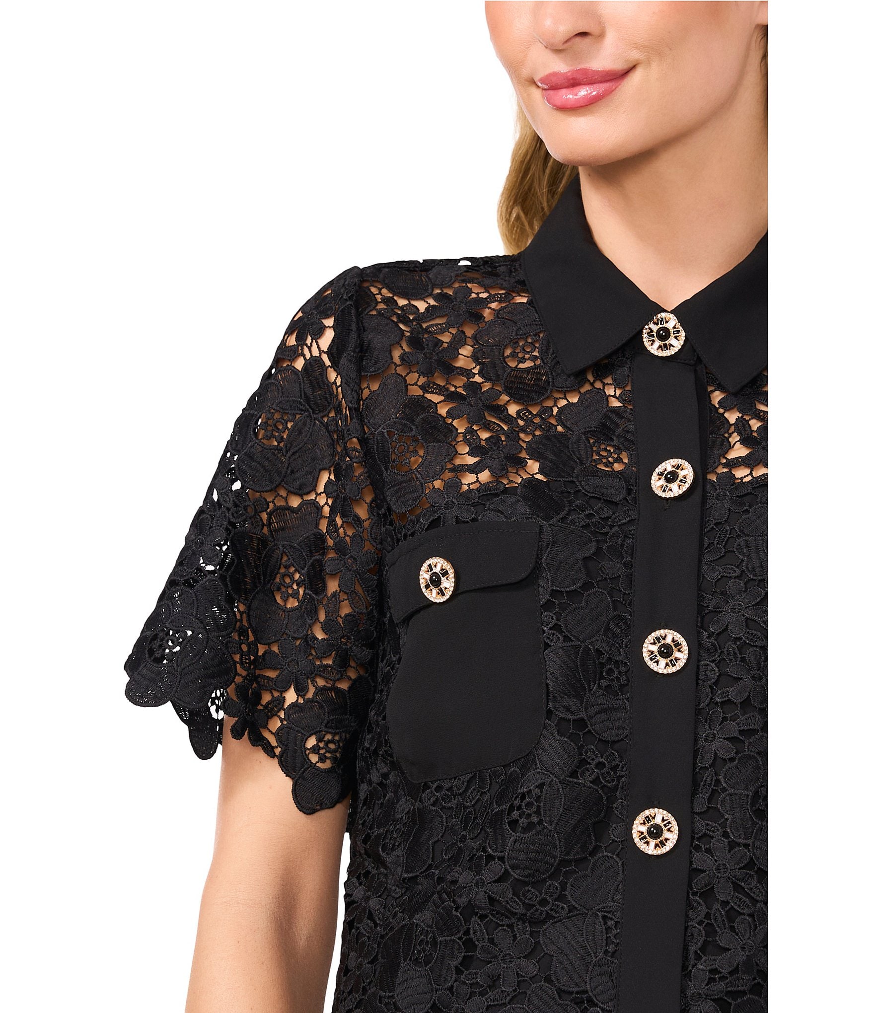 CeCe Lace Collared Short Sleeve Patch Pocket Button Front Top
