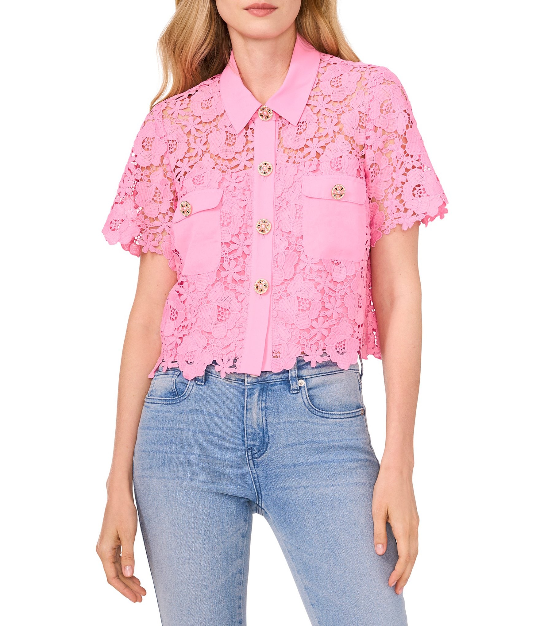 CeCe Lace Collared Short Sleeve Patch Pocket Button Front Top