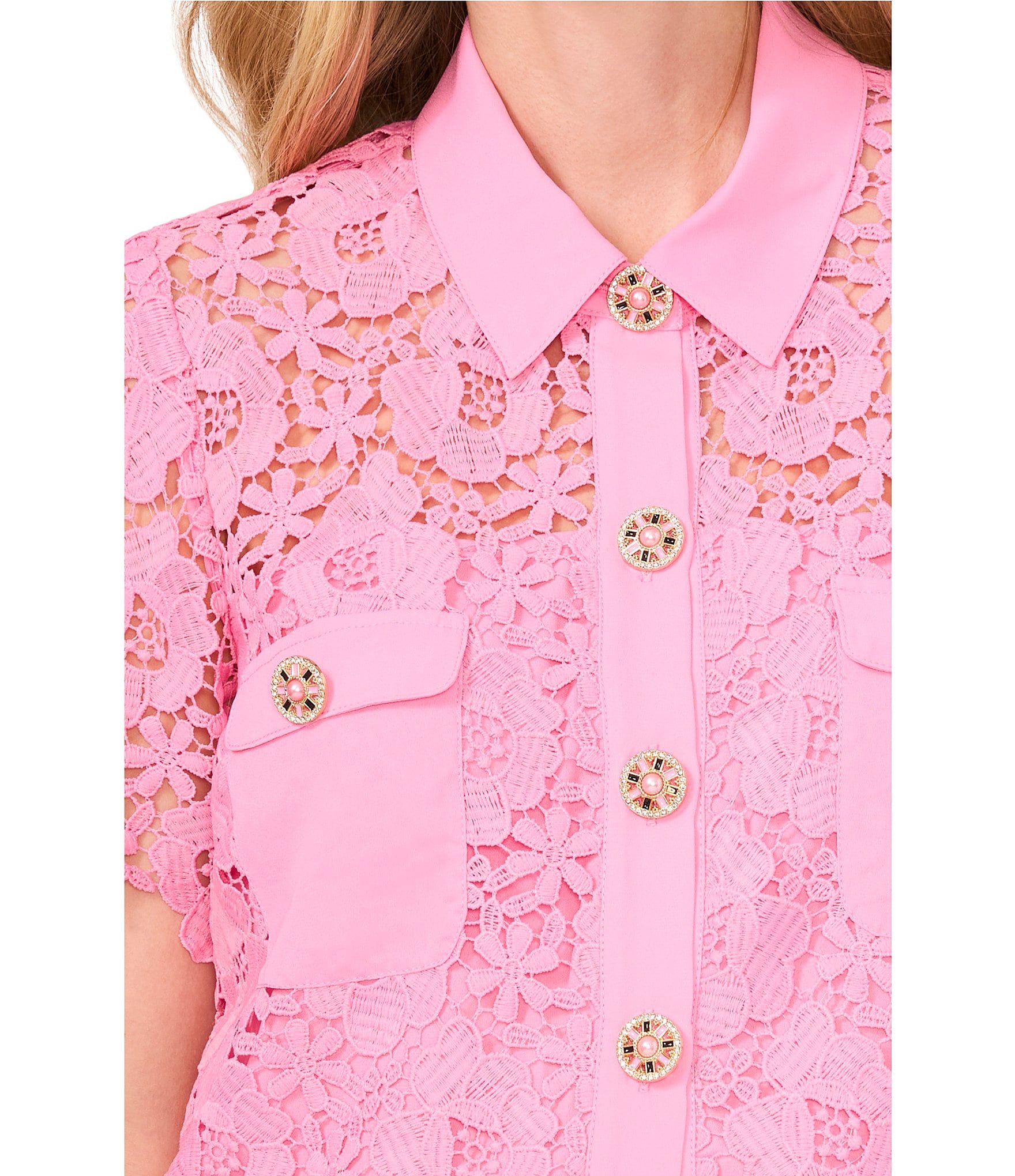 CeCe Lace Collared Short Sleeve Patch Pocket Button Front Top
