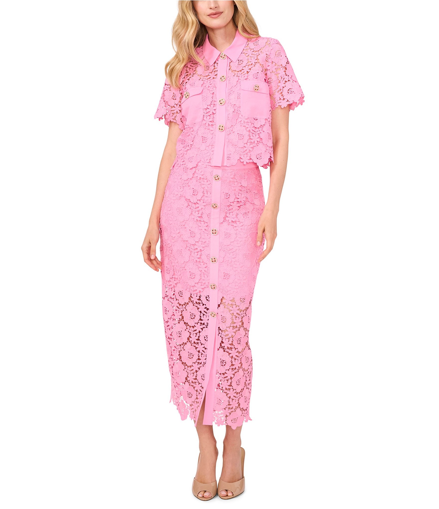 CeCe Lace Collared Short Sleeve Patch Pocket Button Front Top