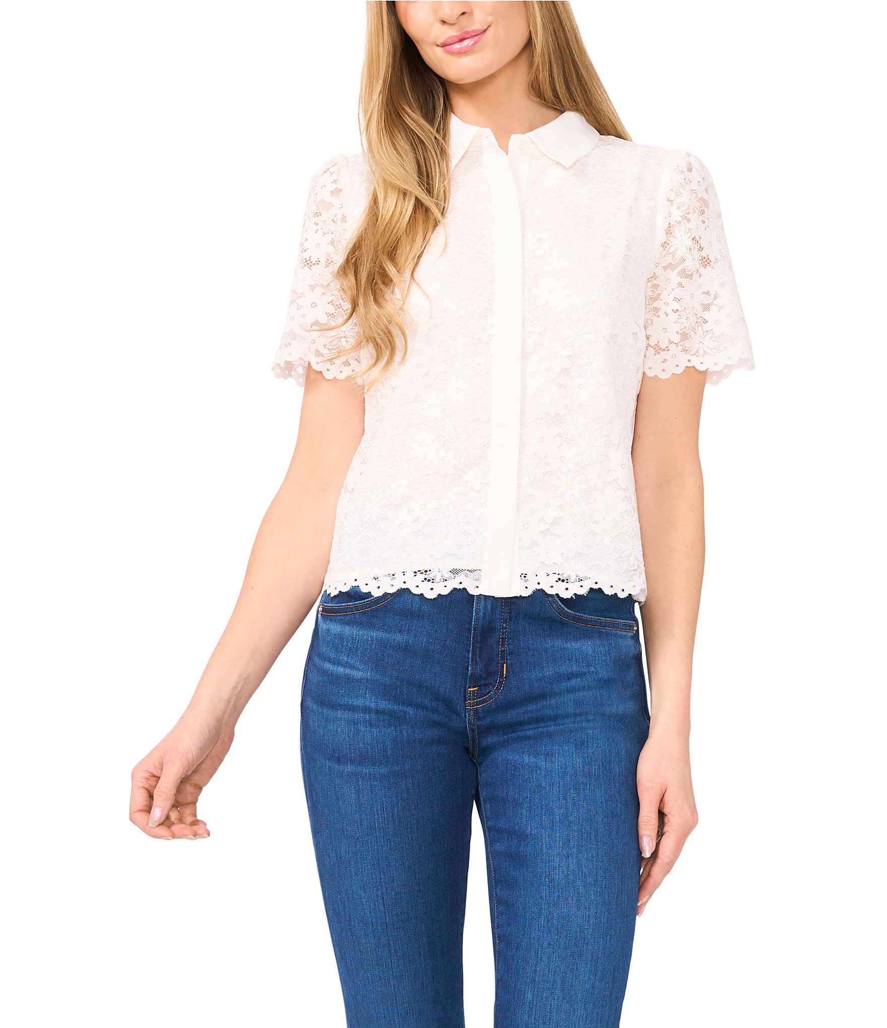 CeCe Lace Point Collar Short Sleeve Button Front Shirt