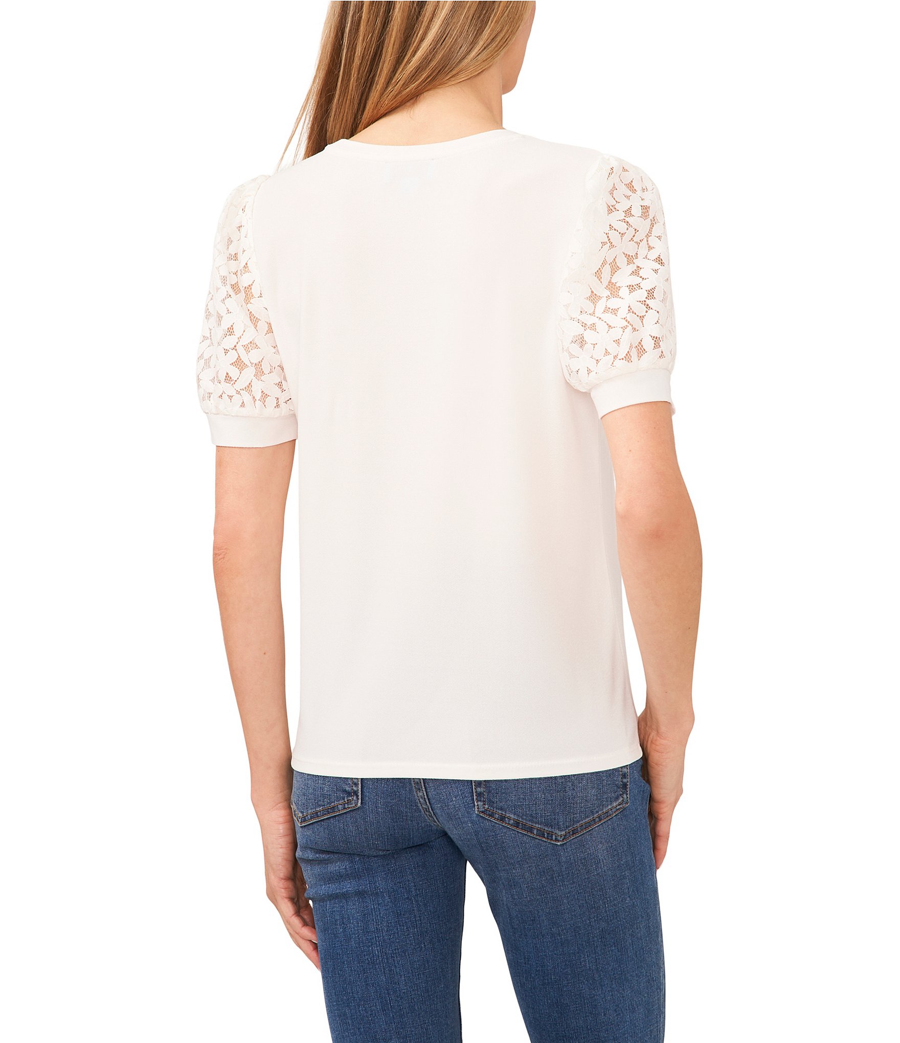 CeCe Lace Puff Short Sleeve Crew Neck Blouse