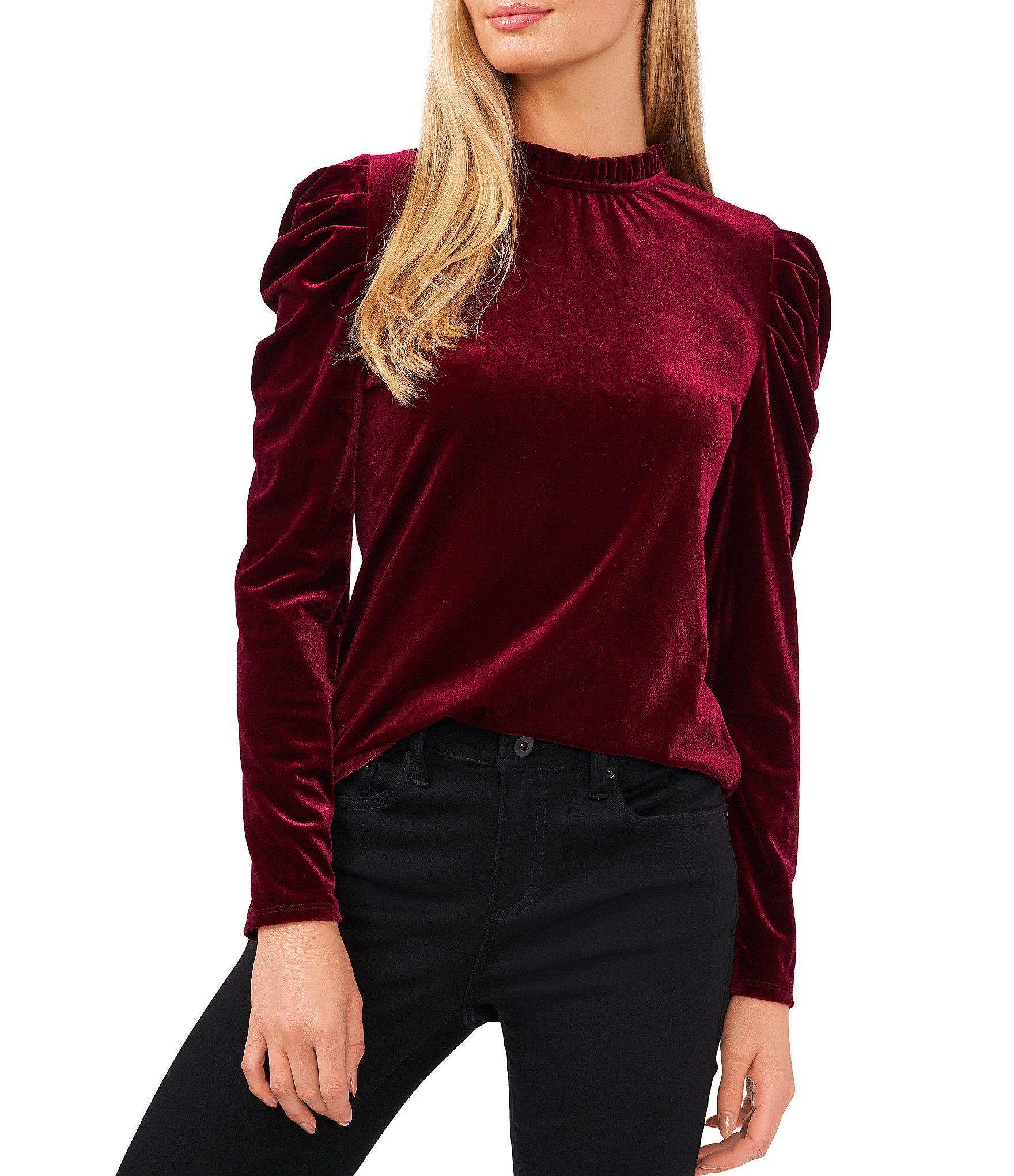 CeCe Long Puff Sleeve Ruffle Mock Neck Velvet Knit Top | Dillard's