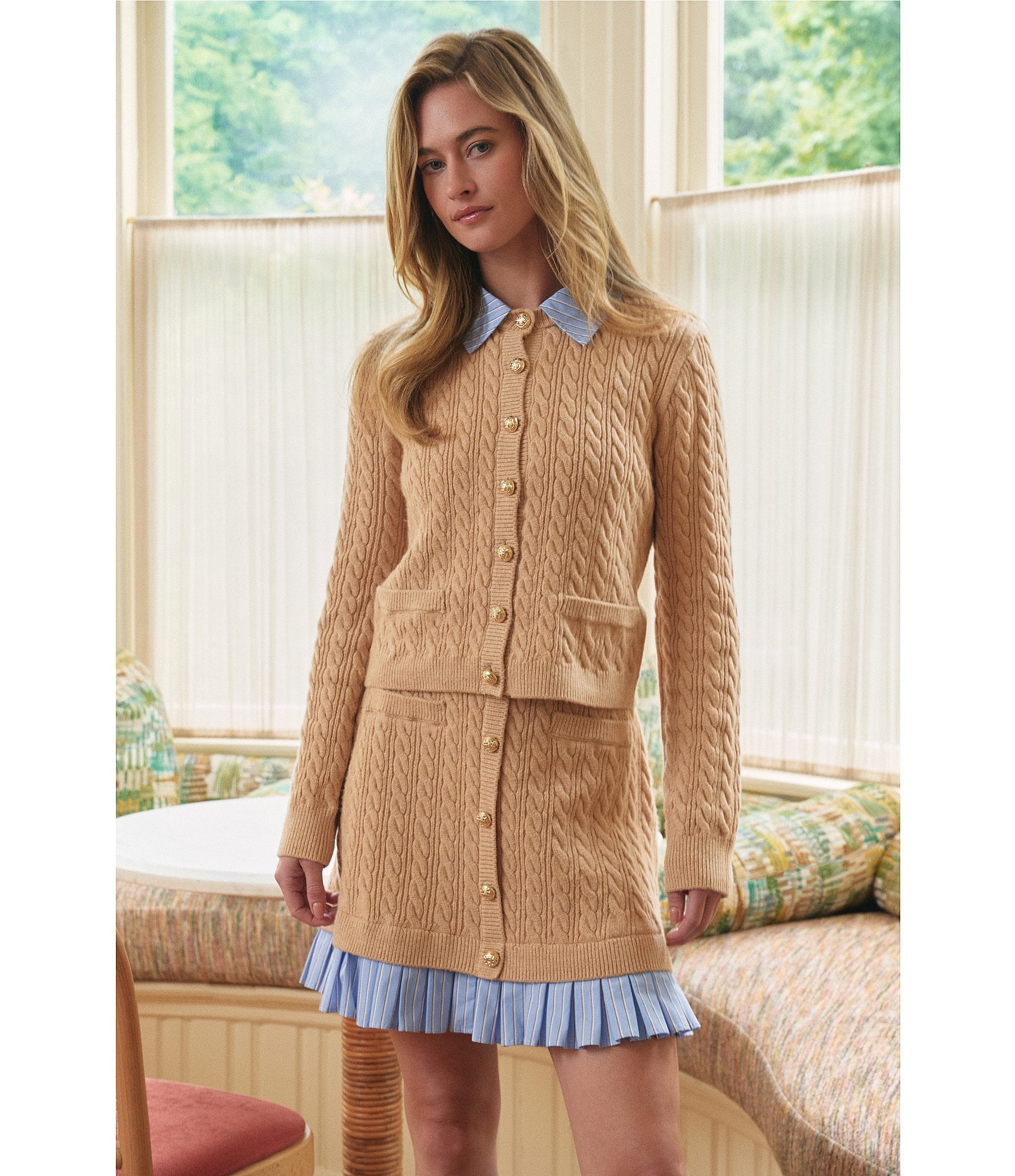 CeCe Long Sleeve Button Front Cable Knit Layered Coordinating Cardigan