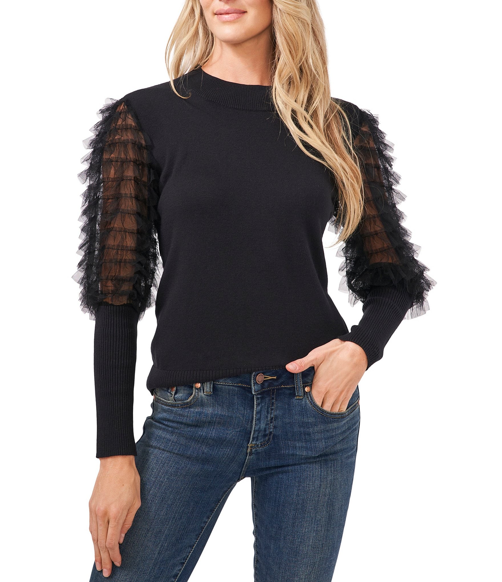 CeCe Long Volume Sleeve Ruffled Tulle Crew Neck Statement Sweater