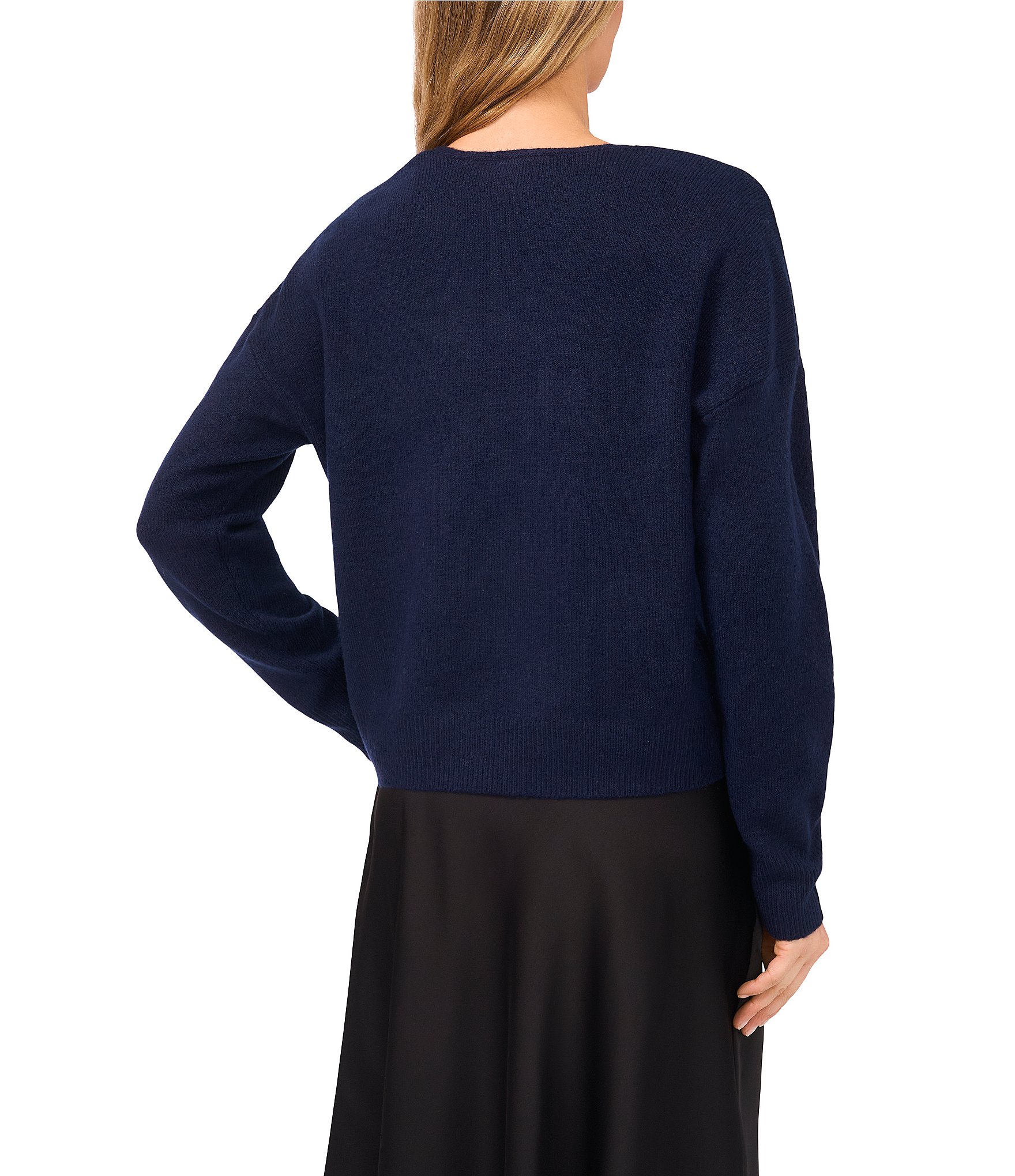 CeCe Long Sleeve V-Neck Bow Front Pullover Sweater